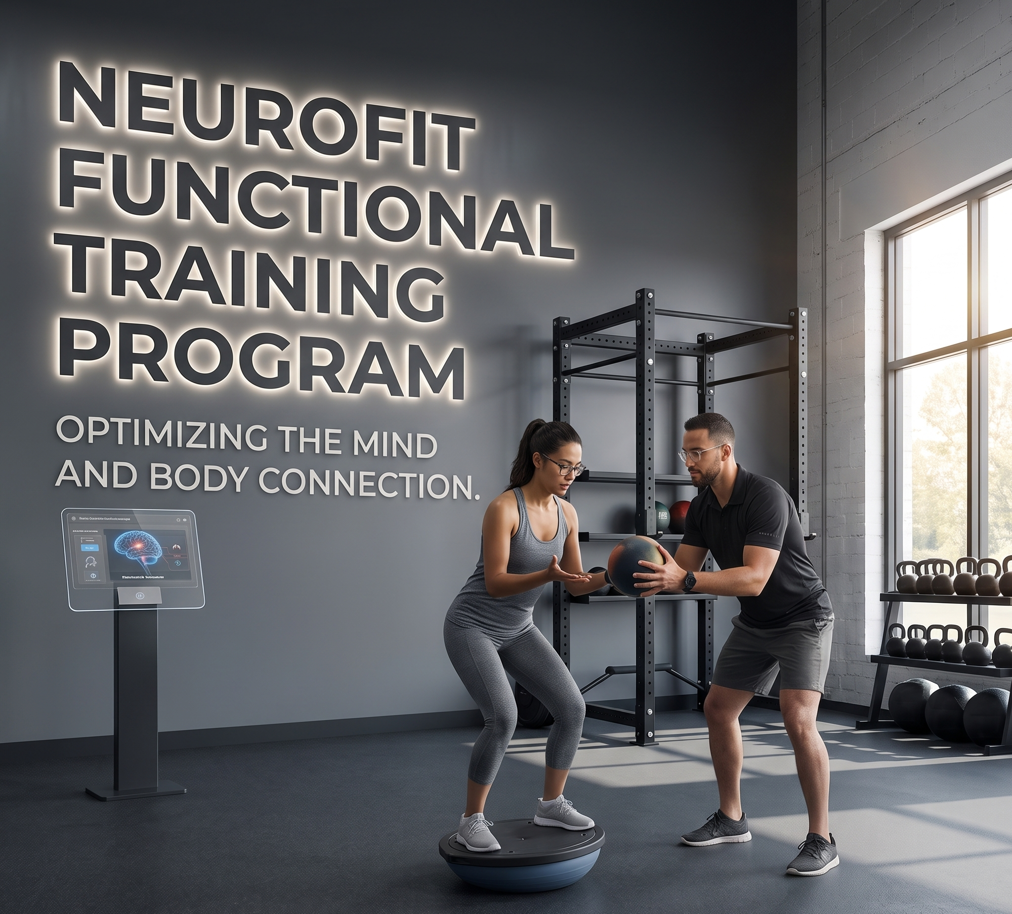 Two fitness trainers assist a woman balancing on a stability ball in a gym. The gym has a sign on the wall that says "Neurofit Functional Training" and kitchen equipment below the sign. The room is well-lit with natural light from a large window.