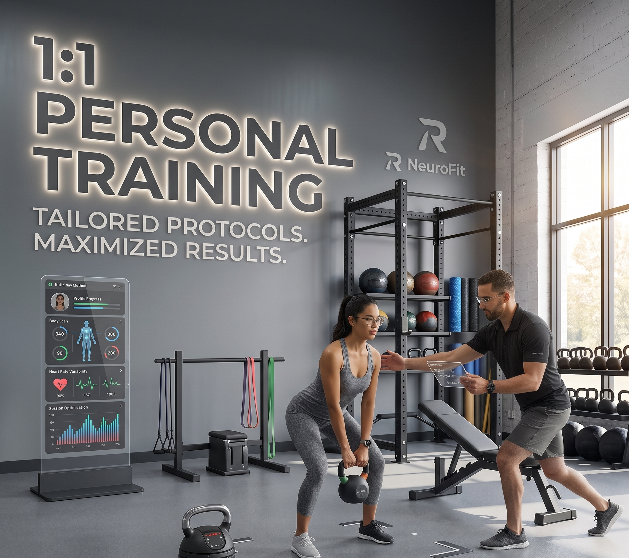 A fitness trainer assisting a woman with a workout in a gym, featuring large illuminated sign reading '1:1 Personal Training' and various exercise equipment.