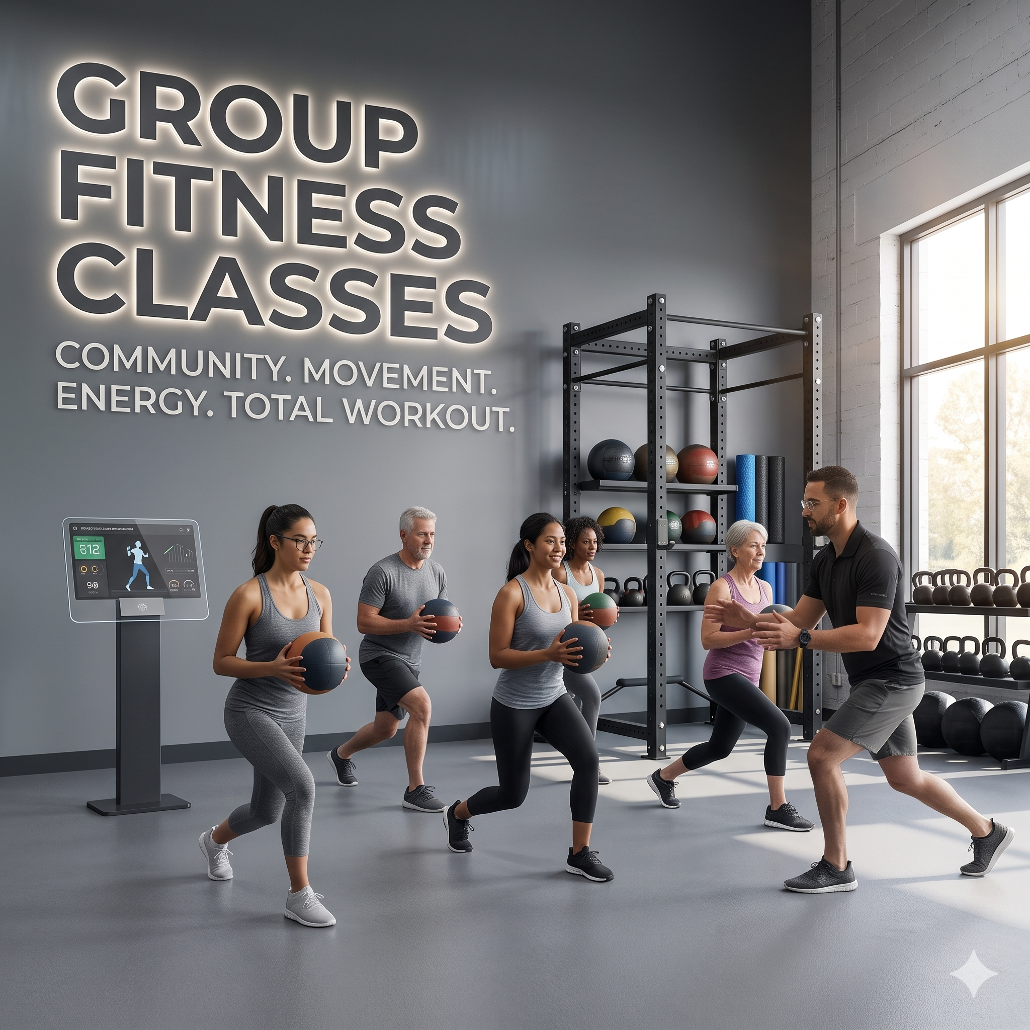 People participating in a fitness class in a gym, with a sign on the wall reading 'Group Fitness Classes' and additional text about community, movement, energy, and total workout.