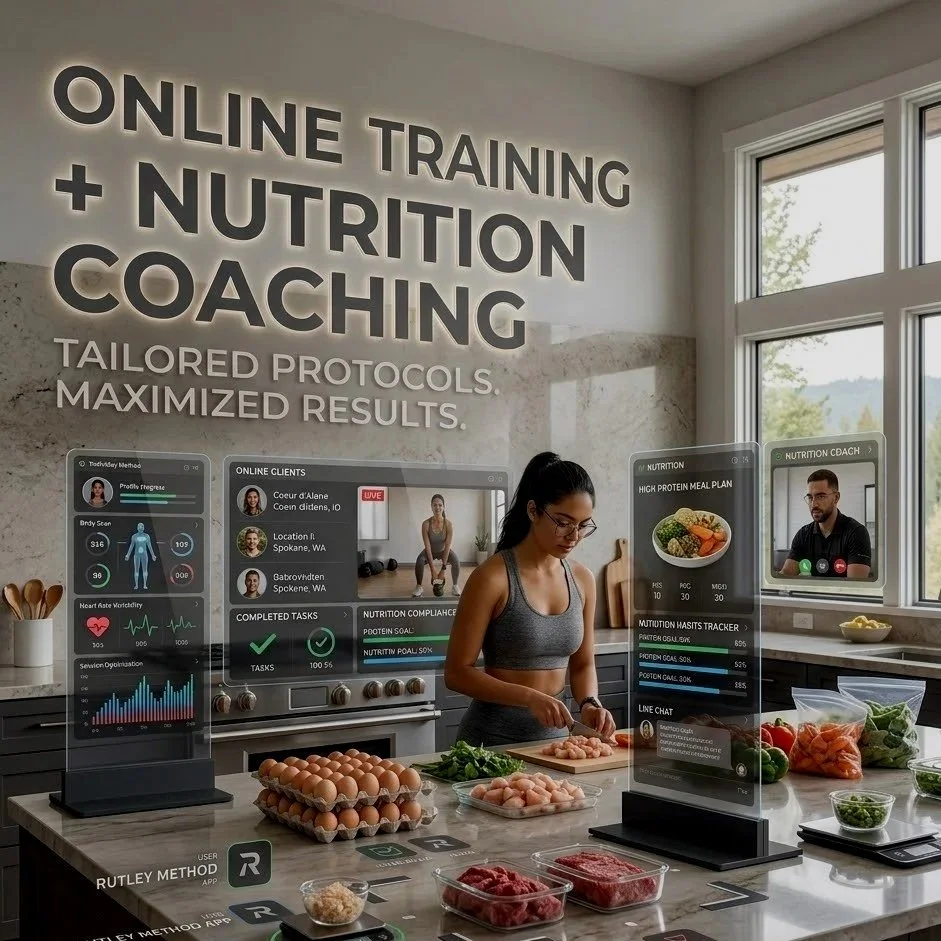 A woman cooking chicken in a modern kitchen with digital screens displaying health and fitness data, online coaching, and nutrition plans.