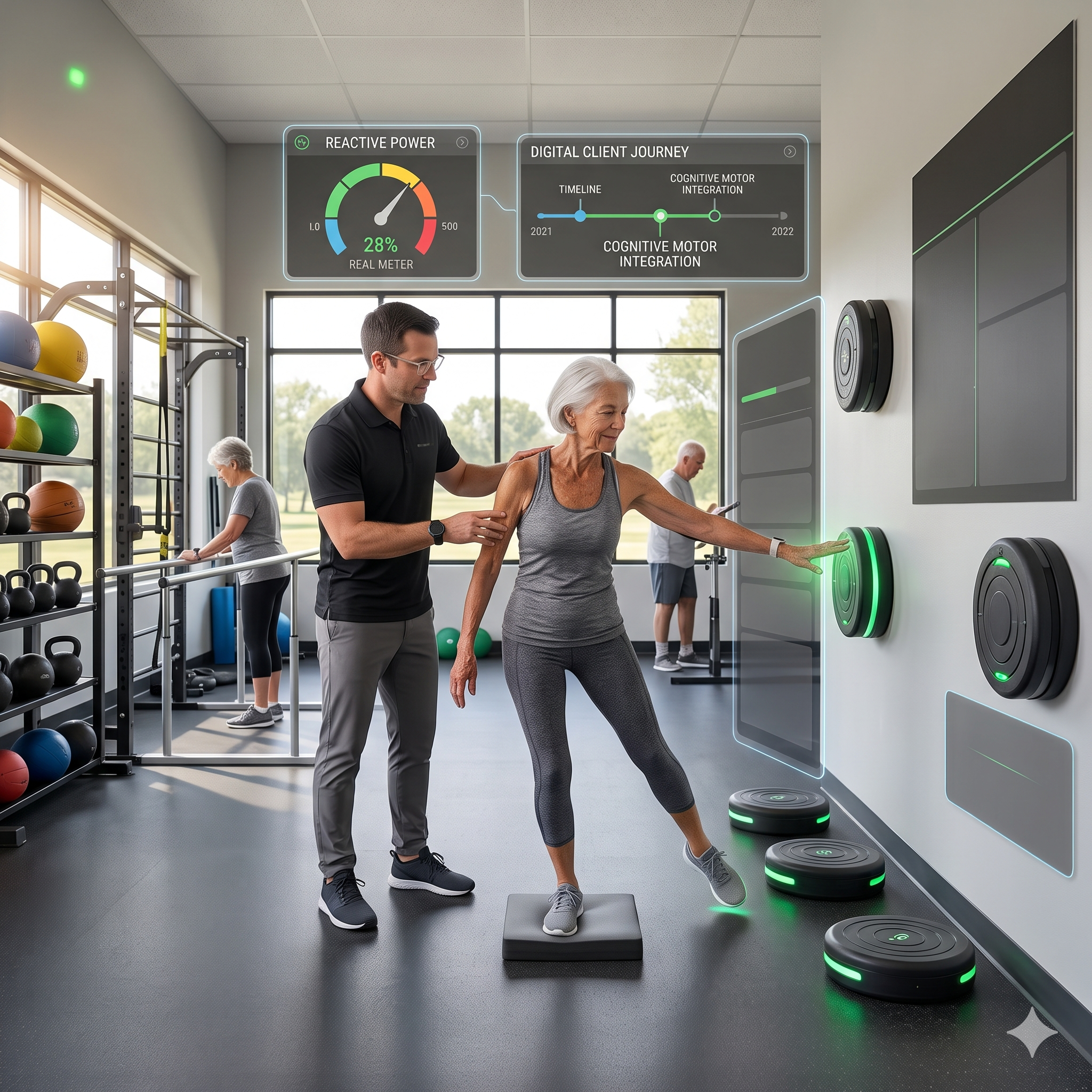 A physical therapy or rehabilitation setting where a young male therapist assists an elderly woman with her balance exercises on a step platform. The room is equipped with fitness equipment, and holographic digital displays showcase information related to reactive power and a digital client journey.