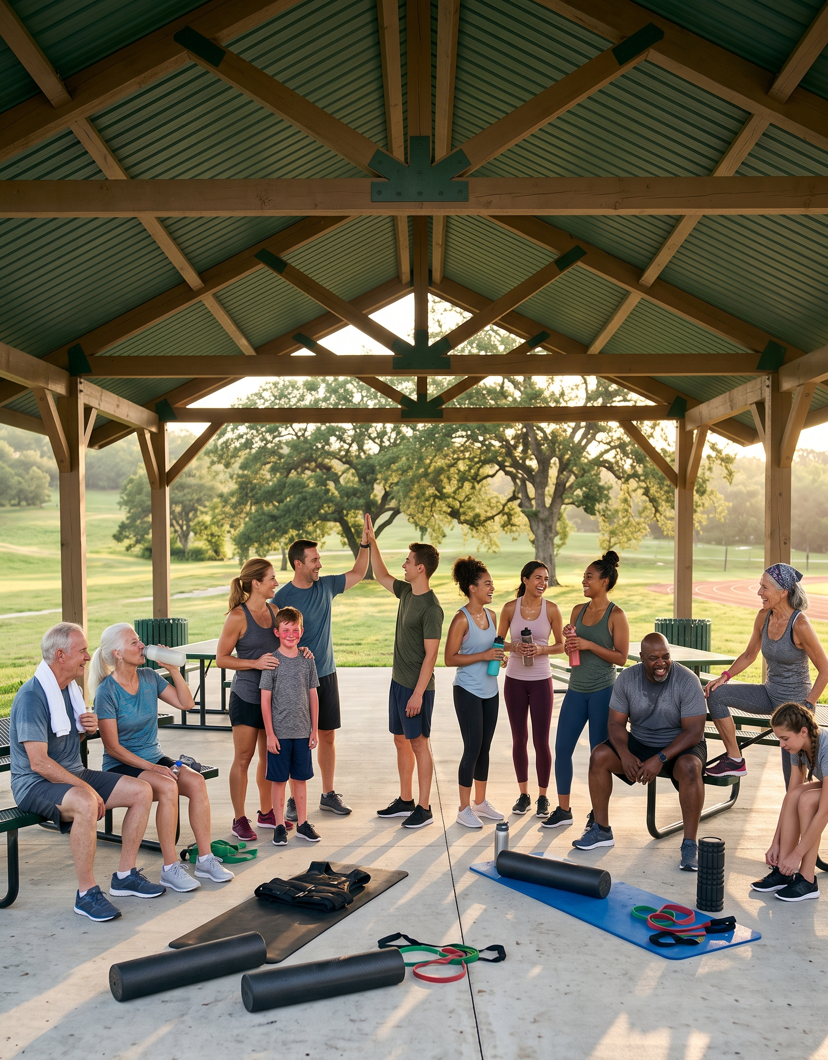 Group of people gathered under a pavilion outdoors, engaging in fitness activities and exercises. Fitness equipment and mats are visible on the ground.