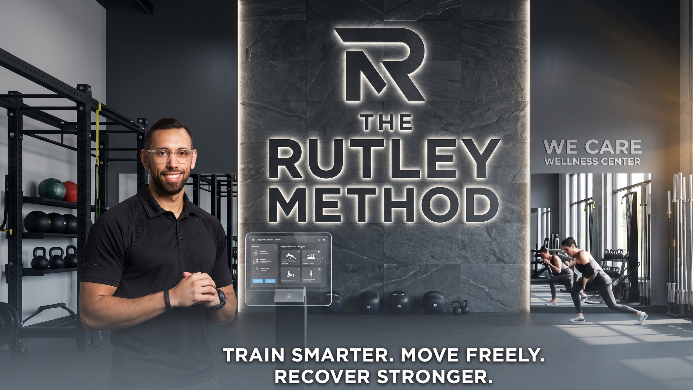 A man in a gym stands in front of a wall with the logo 'The Rutley Method' and the slogan 'Train smarter. Move freely. Recover stronger.' In the background, two women are stretching near weightlifting equipment, with shelves of workout balls and kettlebells nearby.