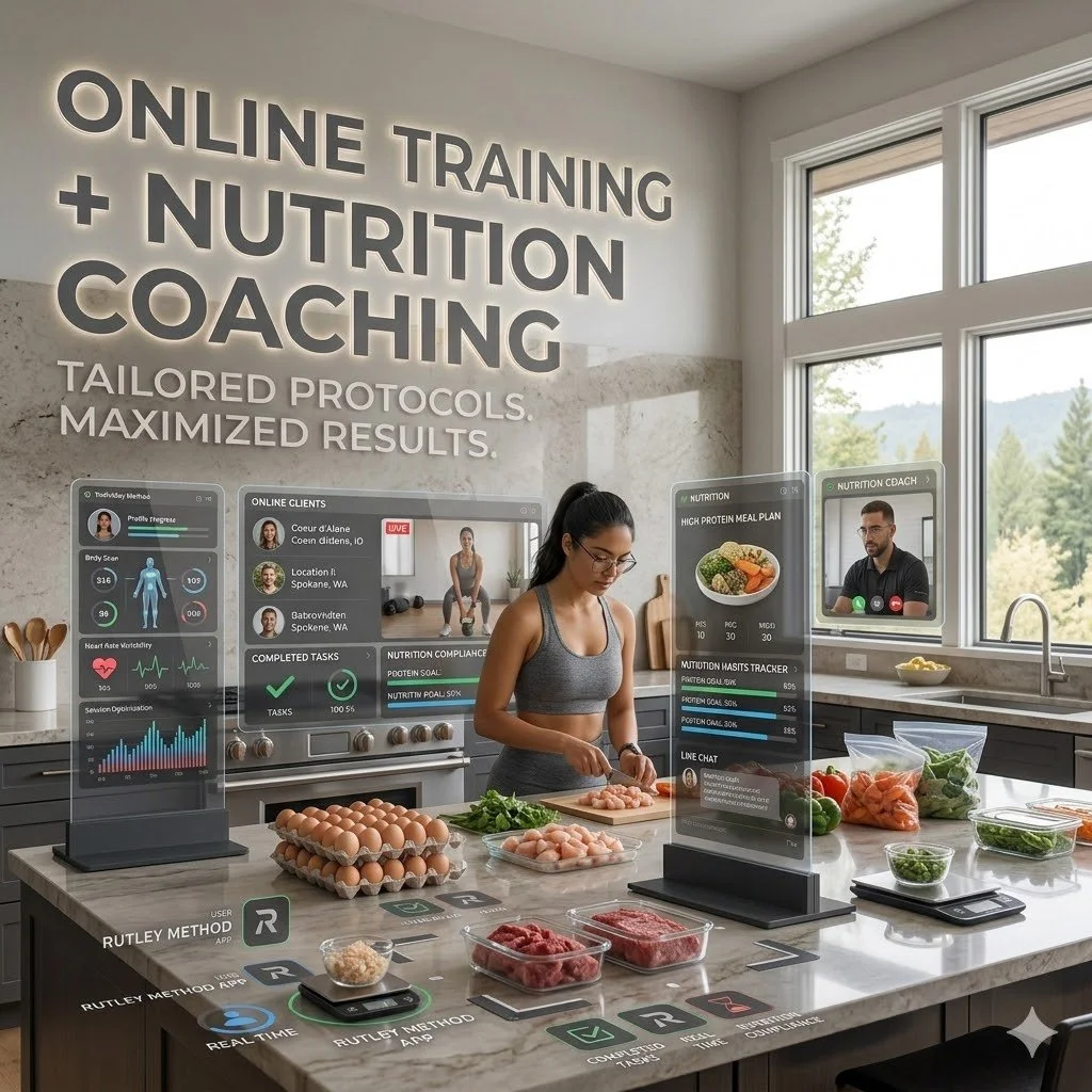 A woman in a workout outfit preparing chicken on a kitchen counter, surrounded by digital screens displaying health and nutrition data, with a window showing an outdoor view.