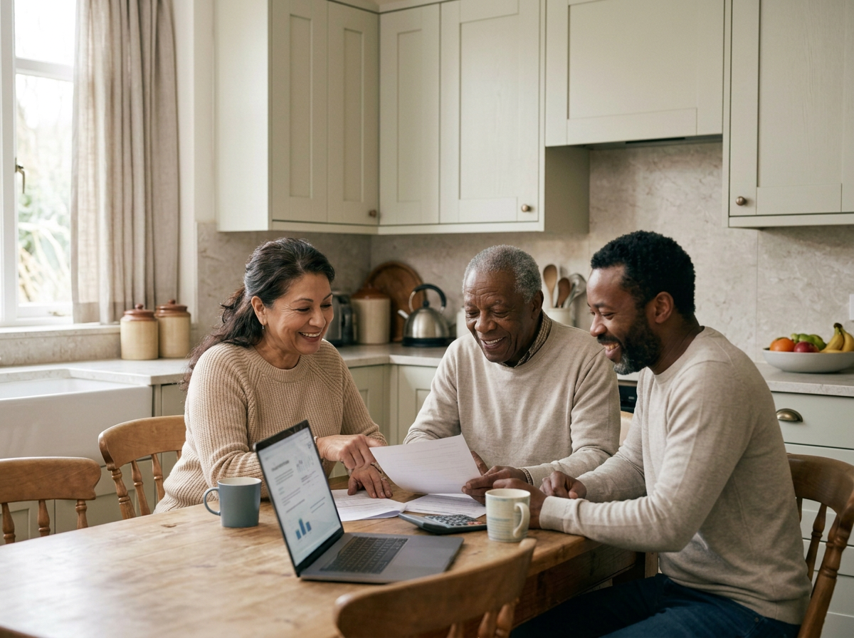 Three people sitting at a wooden table in a kitchen, looking at documents and smiling, with a laptop open in front of them and a mug nearby.