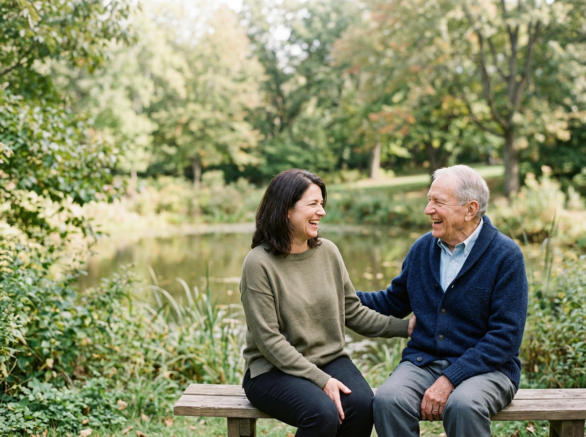 A woman and an elderly man sit on a wooden bench near a pond, smiling and engaging in conversation in a park surrounded by trees with green and orange leaves.