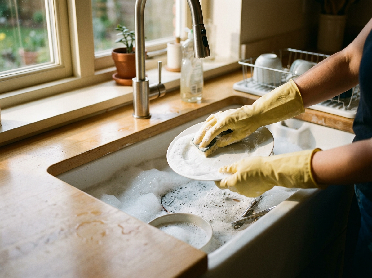 Person washing dishes in a kitchen sink with a sponge, wearing yellow rubber gloves.