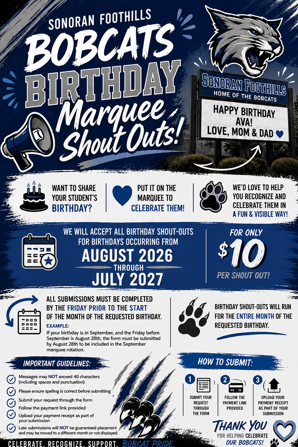 A poster and digital sign for Sonoran Foothills Bobcats' birthday shout-outs, with slogans, icons, and instructions on how to request birthday recognition for students from August 2026 to July 2027. Features a bobcat mascot, a megaphone, a birthday cake, a paw print, and a calendar, all in blue, black, gray, and white.