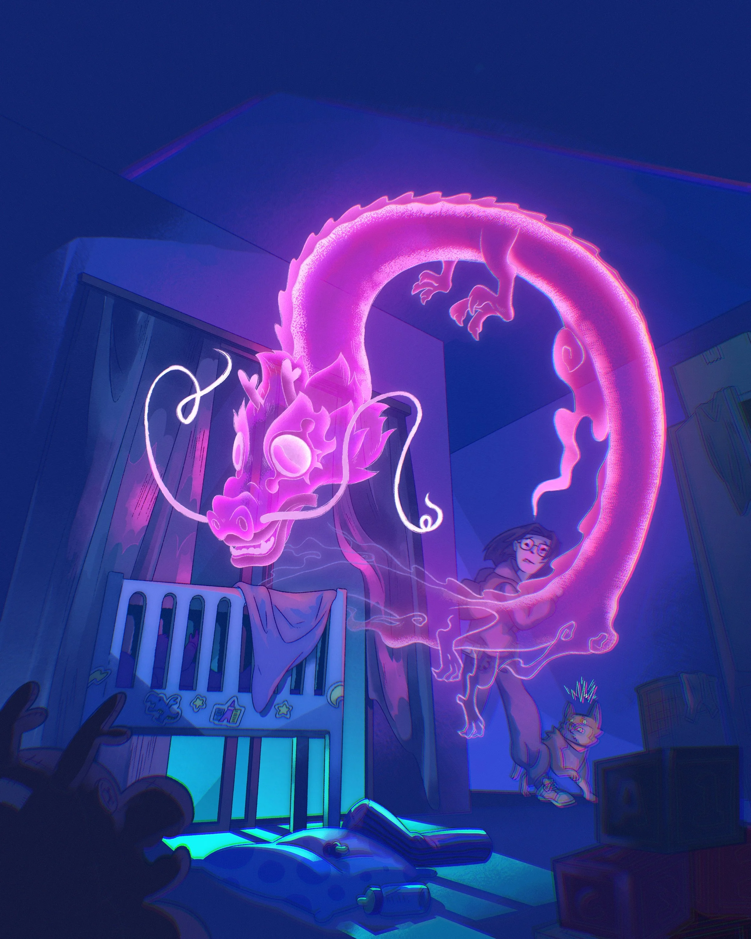 Neon sign of a purple dragon circling around a person with glasses, in a room with colorful decorations.