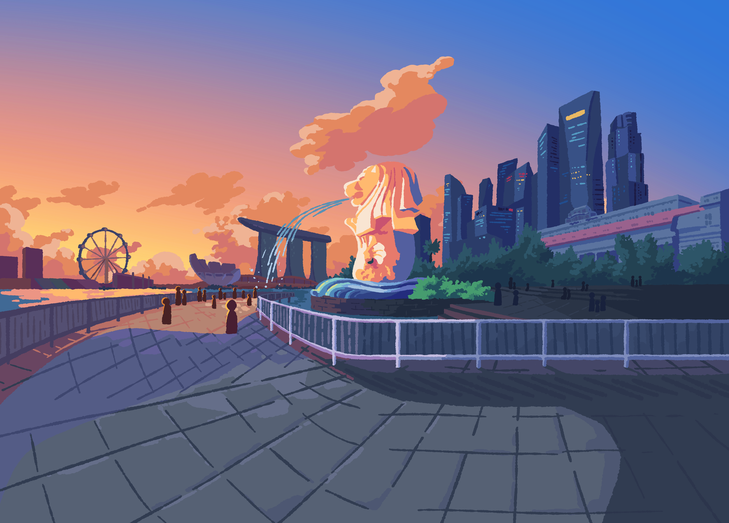 Digital illustration of a city skyline at sunset with skyscrapers, a large cloud of smoke or steam, a Ferris wheel, a fountain, and a promenade with people walking.
