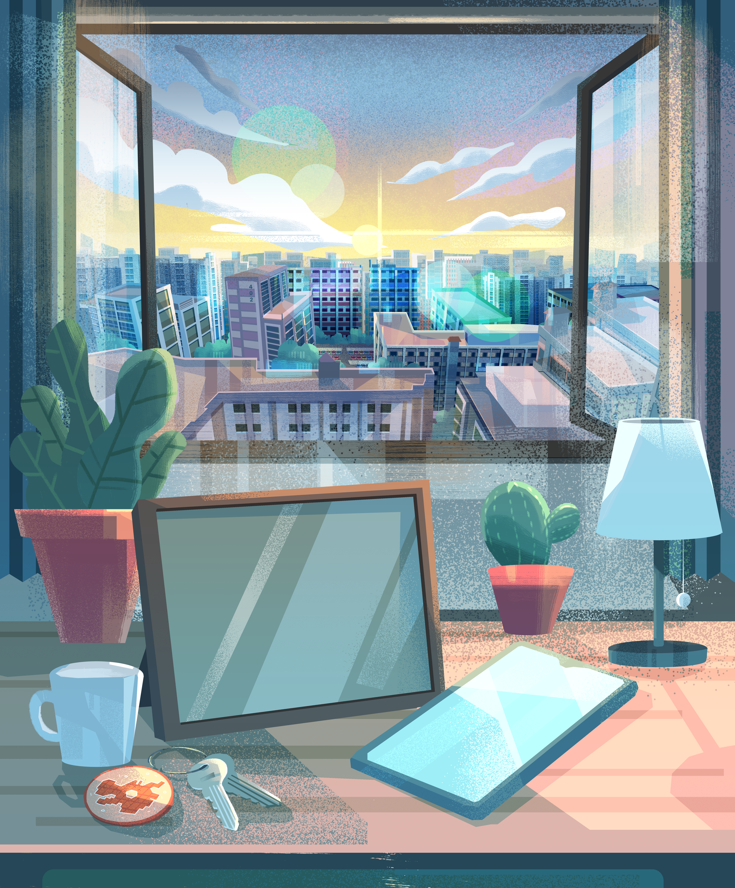 A view through an open window showing a cityscape with tall buildings at sunset, with a clear sky and clouds. Inside, there is a laptop, a coffee mug, a phone with a heart-shaped sticker, a key, and a plate with a cookie on a table near the window, a