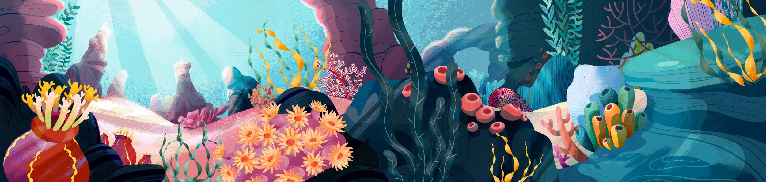 Colorful underwater coral scene with various coral formations, sea plants, and rocks in vibrant colors under water sunlight.