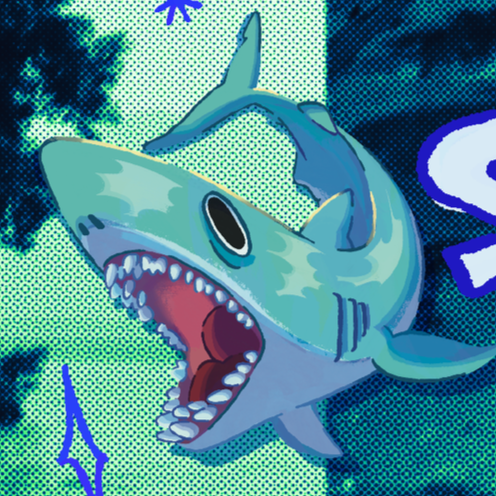 A cartoon-style illustration of a shark with its mouth open, showing sharp teeth, and a small person inscribed on its back. The background has a blue and green pattern with some abstract shapes and the word 'LOVE' partially visible.