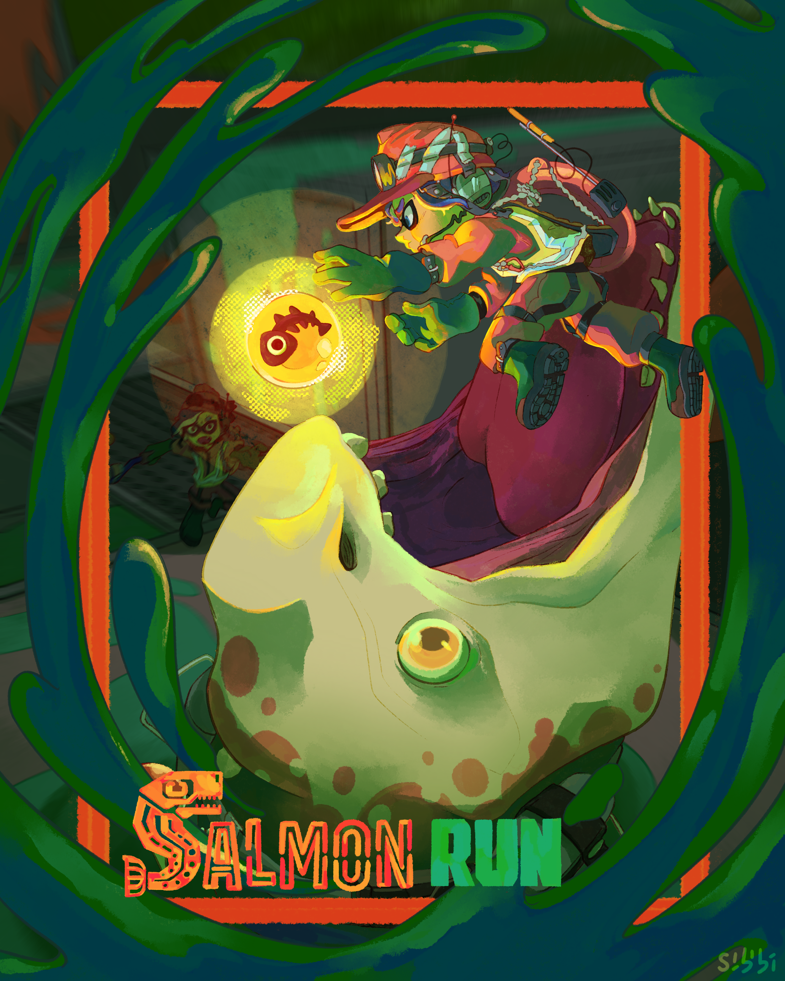 A colorful pinball machine with a green alien theme. The display shows an alien face with one eye and a rounded head, surrounded by various glowing elements. The words "Salmon Run" are visible at the bottom of the image, with a stylized fish design i