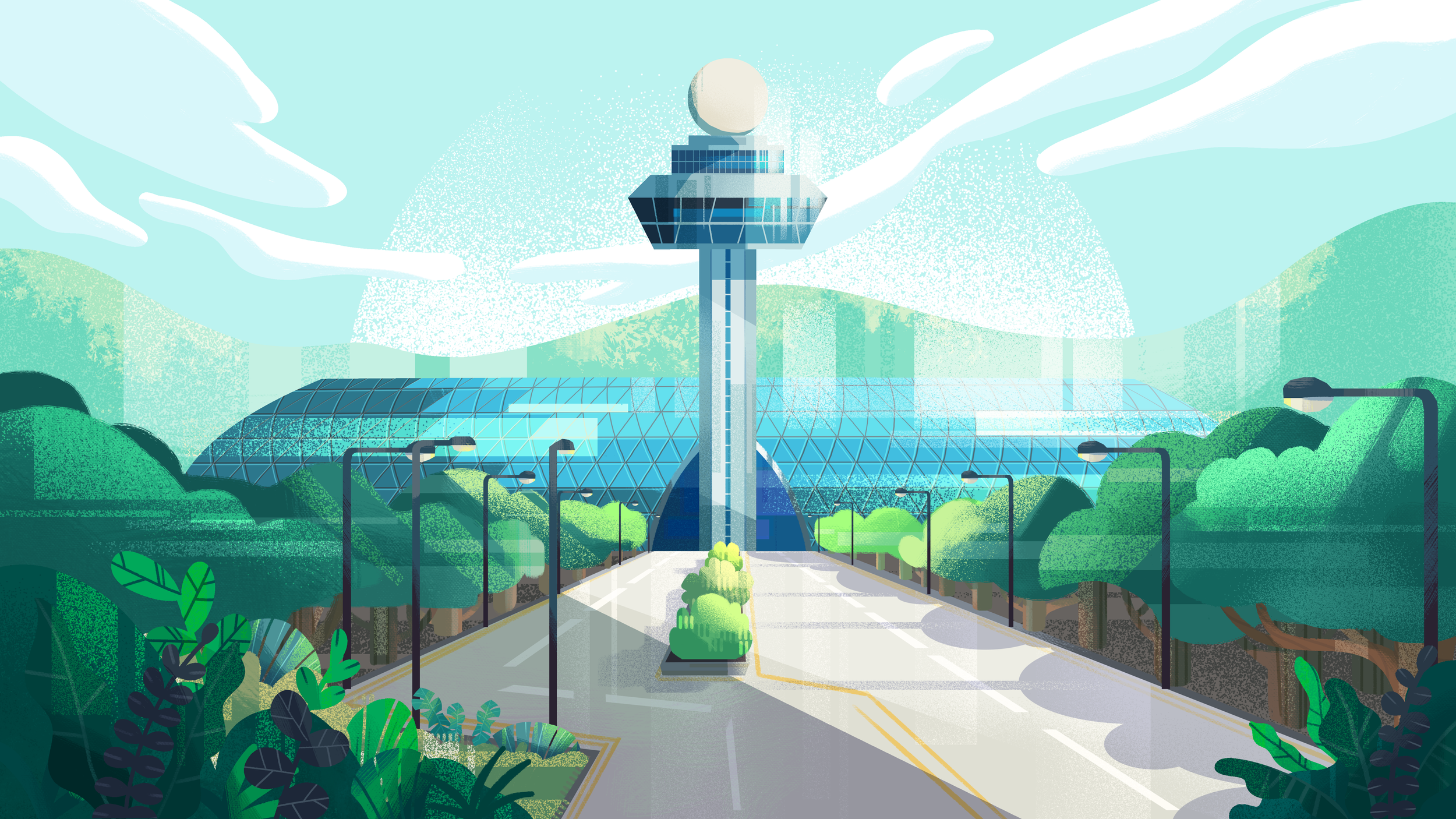 Illustration of a futuristic cityscape with a tall observation tower, a large glass building, greenery, and a pathway lined with streetlights against a backdrop of mountains and a sky with clouds.