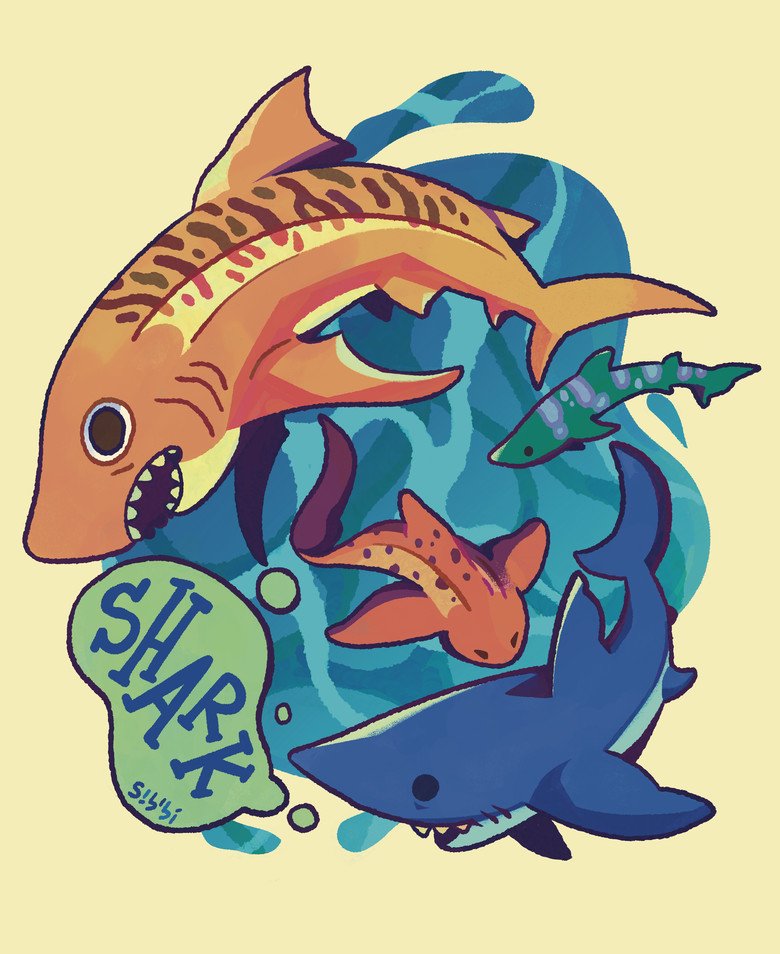 Colorful illustration of a fish with a shark biting a smaller fish, with a speech bubble containing the words "SHARK" and an arrow pointing to the large fish.