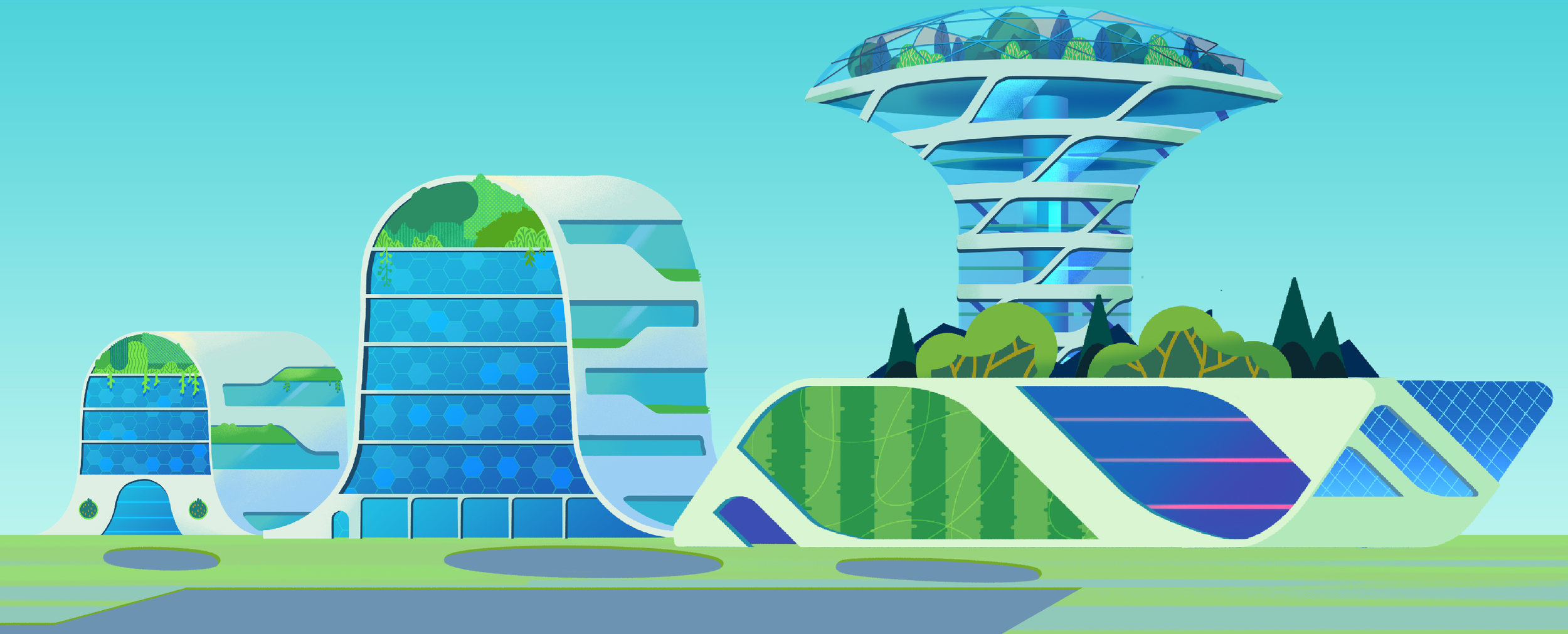 Futuristic eco-friendly city with modern buildings featuring green roofs, solar panels, and lush vegetation, under a clear blue sky.