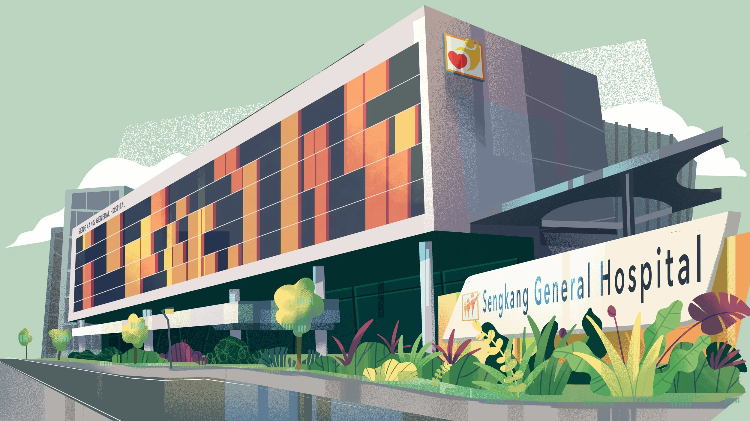 Digital illustration of Sengkang General Hospital building with colorful window panels, green landscaping, and a sky background.