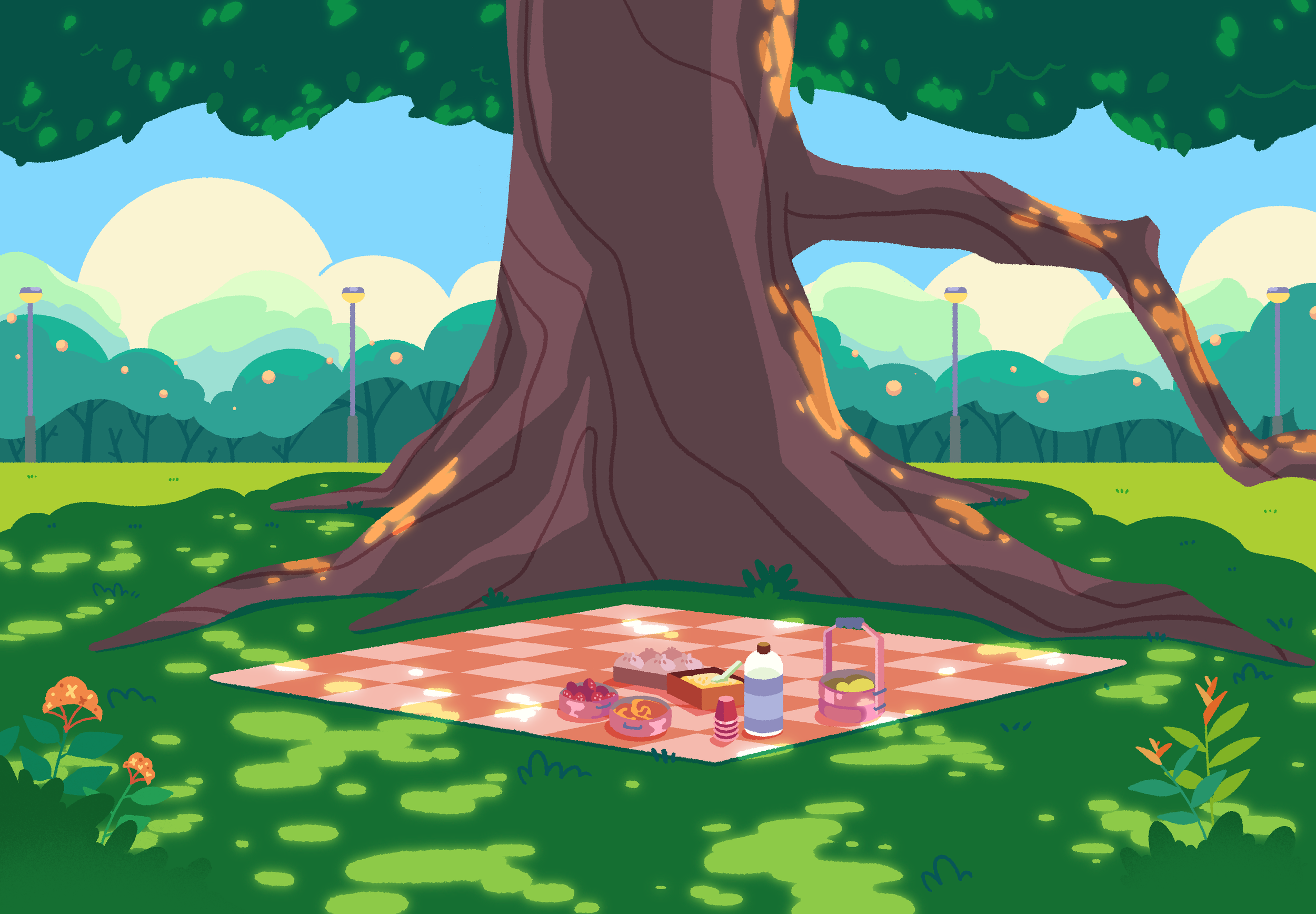 A large tree with thick trunk and sprawling roots in a park, with a picnic blanket and food set beneath it, surrounded by green grass and plants, with a bright sky and sun in the background.