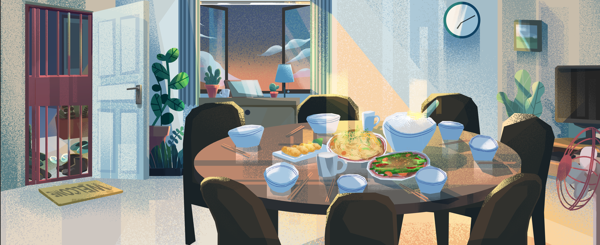 A dining room with a round table set for a meal, featuring bowls, dishes, and chopsticks. There are chairs around the table, a window with sunlight, a clock on the wall, houseplants, and a fan.