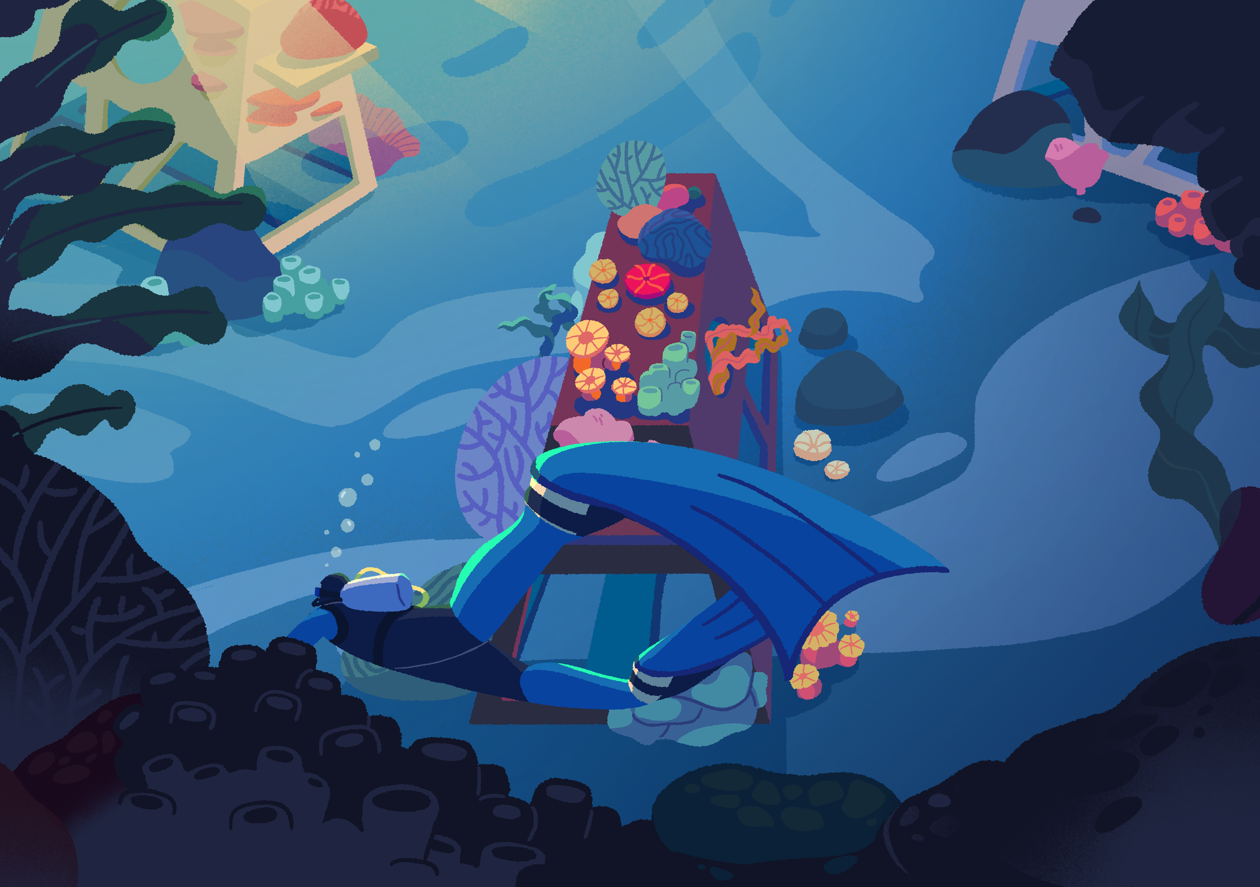 Illustration of a garden scene with various plants, flowers, and a table with colorful objects, viewed from above in a stylized, abstract art style with vibrant shades of blue, green, and pink.