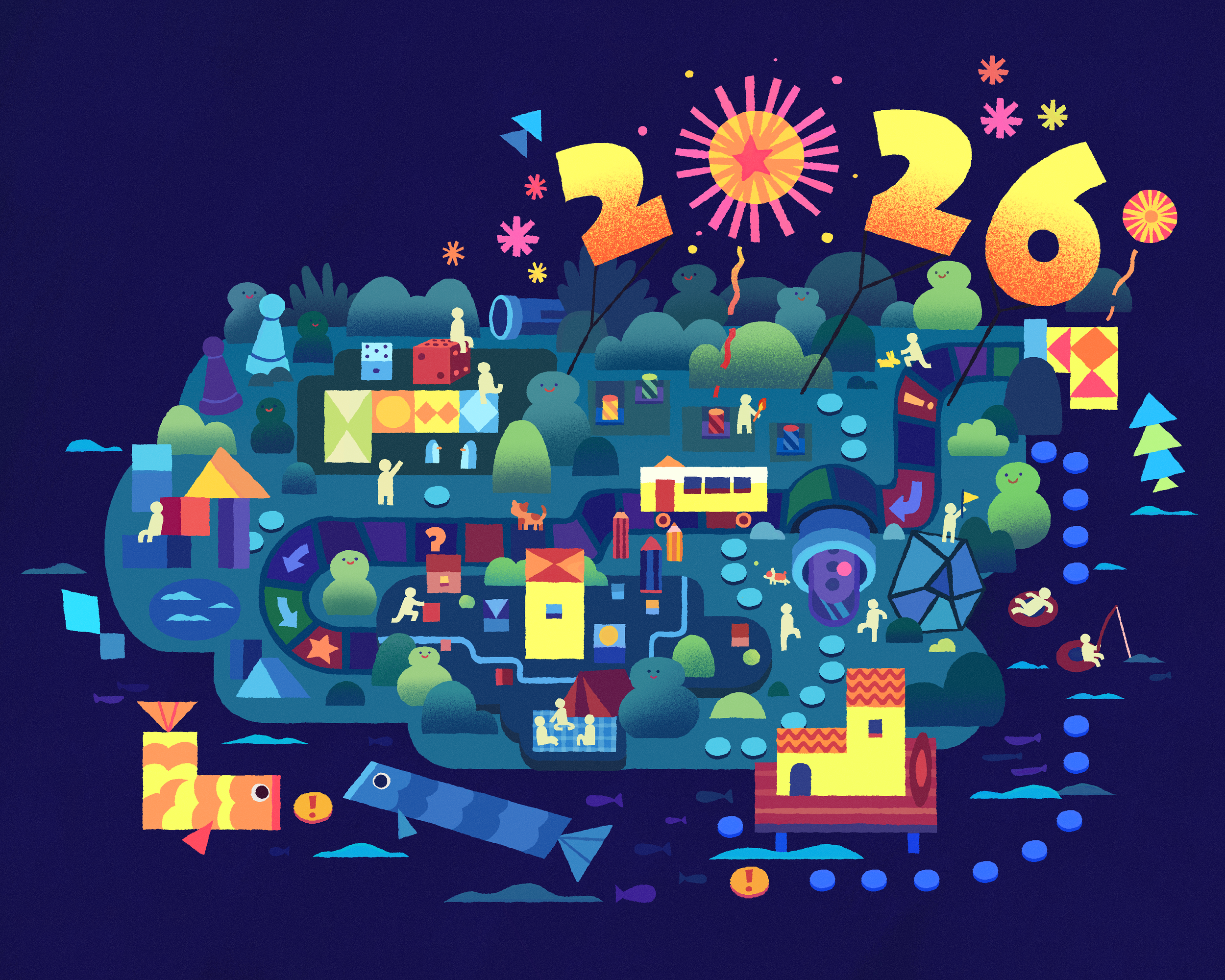 Colorful illustration celebrating the New Year 2016 with fireworks, smiling characters, gifts, animals, and various playful elements on a dark background.