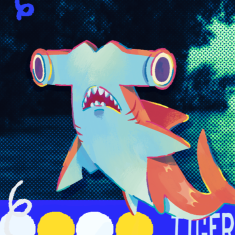 Cartoon shark with cannons for eyes and a surprised expression, set against a dark, starry background.