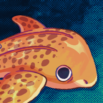 A cartoon illustration of a fish resembling a pufferfish, with a rounded body, small fins, and large eye, against a blue background.