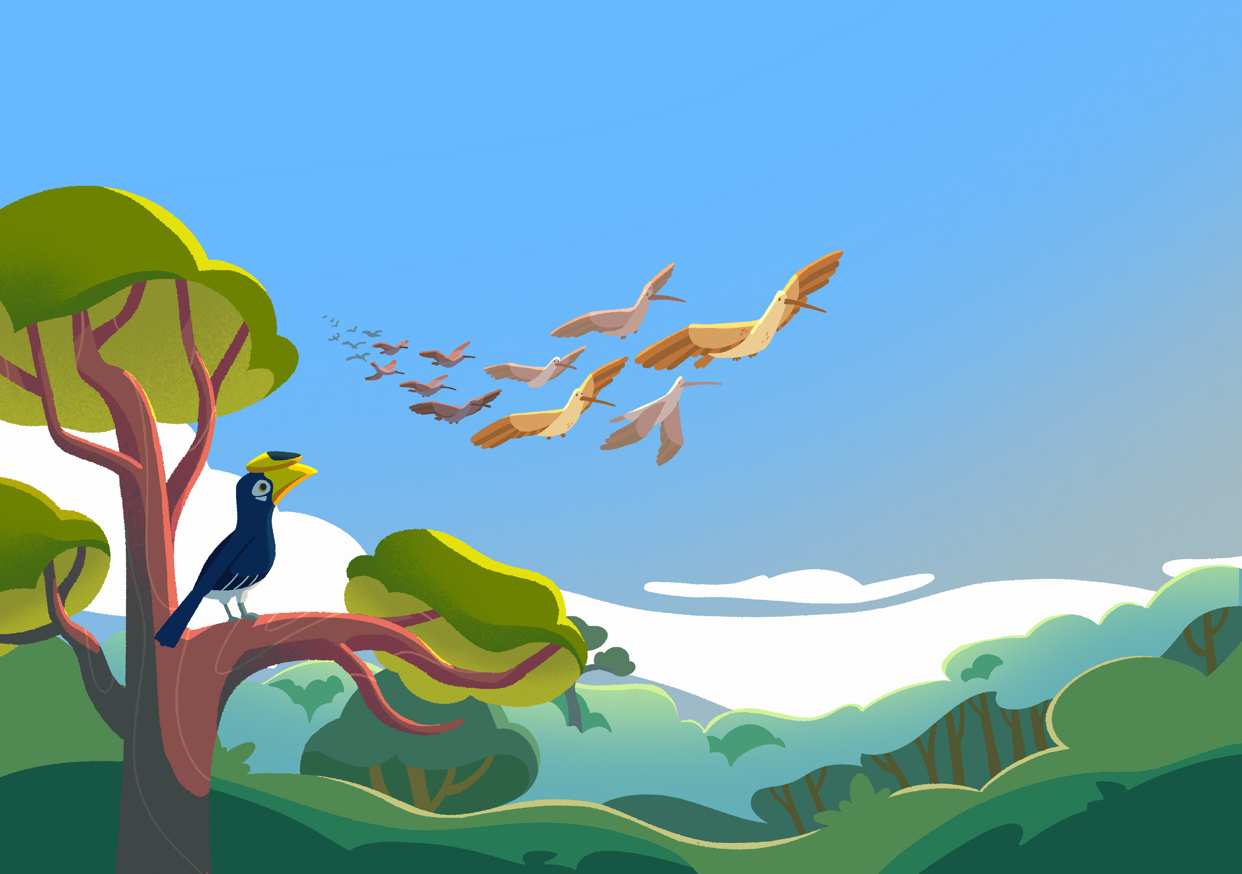 An illustration of a flock of birds flying over a lush green landscape with trees and hills in the background under a clear blue sky.