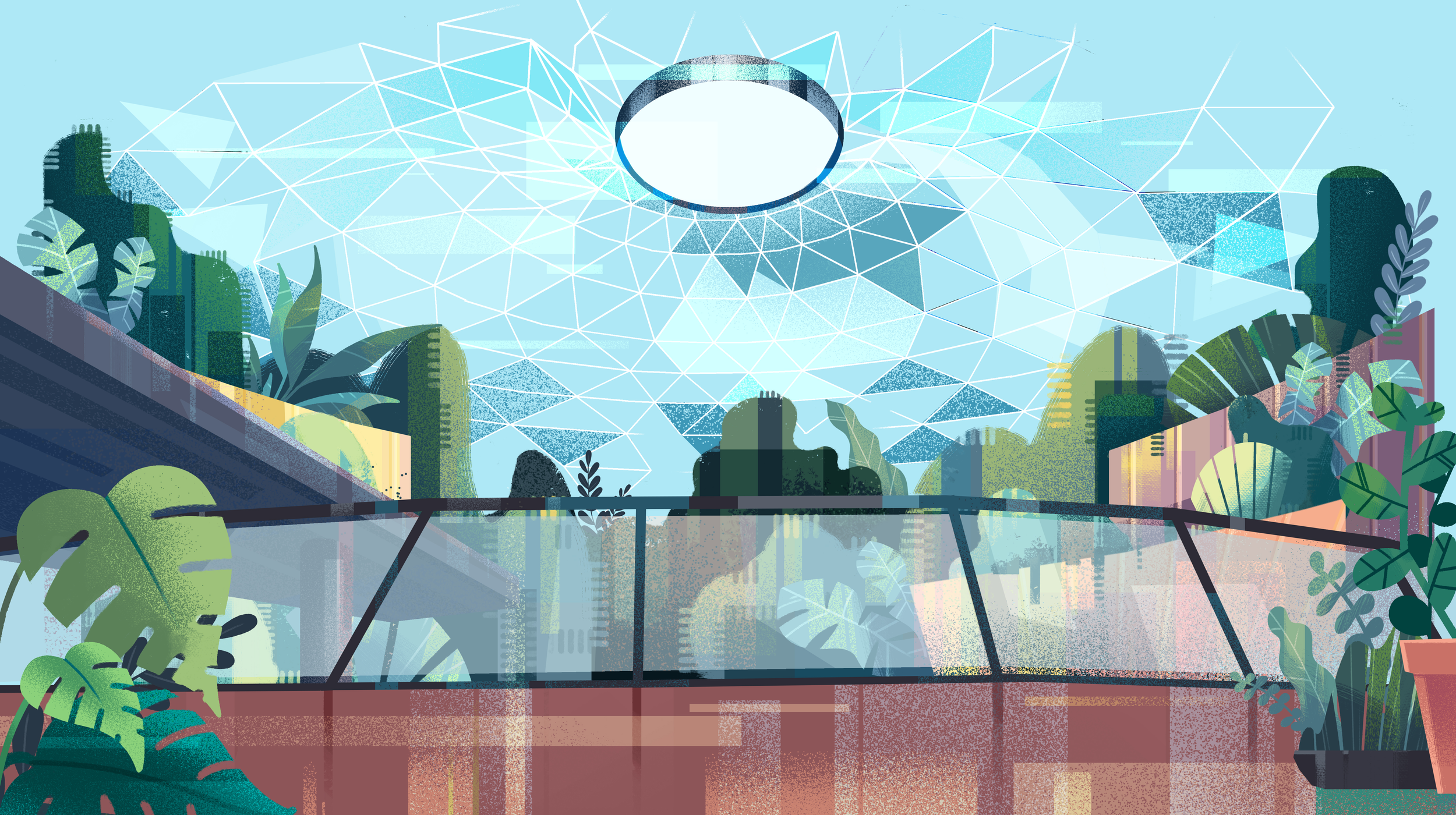 Illustration of a large, futuristic glass dome roof with plants and crystals inside, surrounded by lush green tropical plants and trees, with a city skyline and mountains in the background.