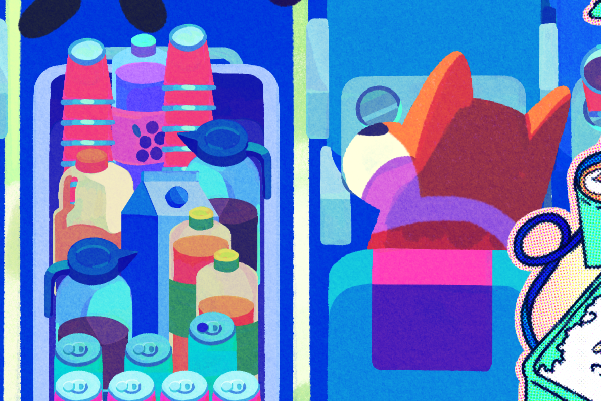 Illustration of a refrigerator and an open microwave with food items and drinks inside, including bottles, cans, and a snack box.