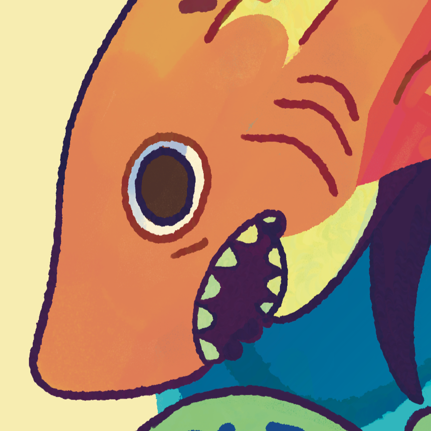 Digital illustration of a cartoon dinosaur holding a cupcake with a rainbow-colored body, large round eye, and open mouth showing triangle-shaped teeth.