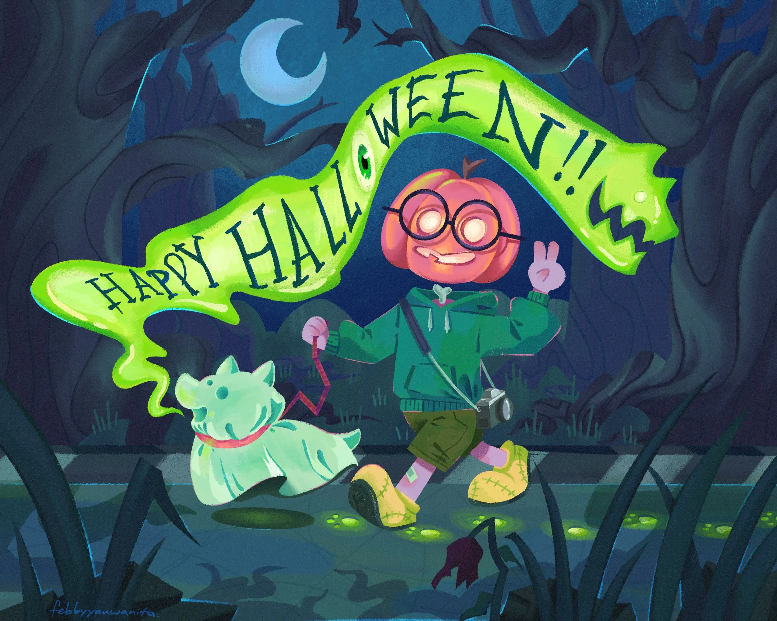 A cartoon illustration of a Halloween scene featuring a girl with a pumpkin head, wearing glasses, a green hoodie, and brown shoes, giving a peace sign. She is surrounded by bats, a full moon, trees, and a dog. A green banner with black text saying "