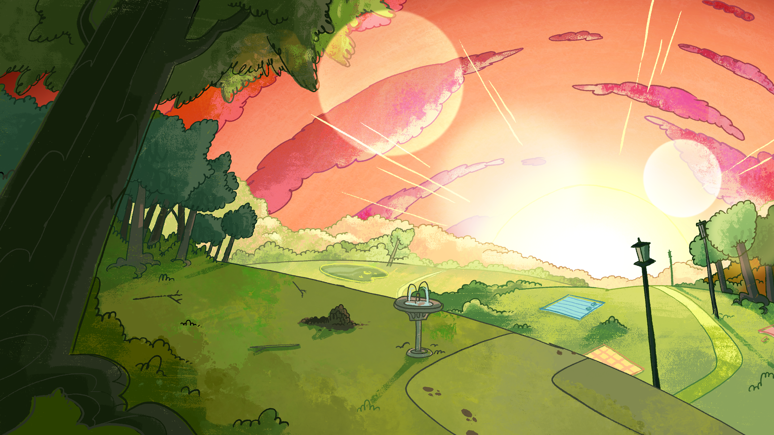 A park scene at sunset with a large tree in the foreground, a small fountain, a solar panel, and a jogging path. The sky is orange with pink clouds and the sun is setting behind hills in the background.