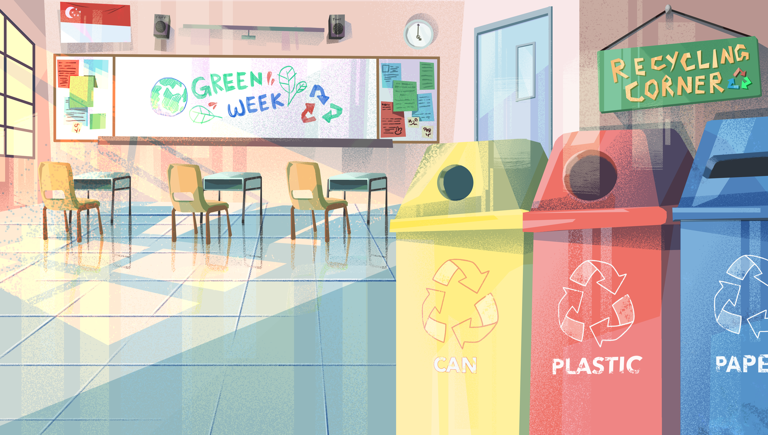 A classroom decorated for Green Week with a whiteboard, chairs, and tables, and recycling bins labeled for different materials (cans, plastic, paper). There is a sign that reads Recycle Corner and a poster with the Turkish flag.