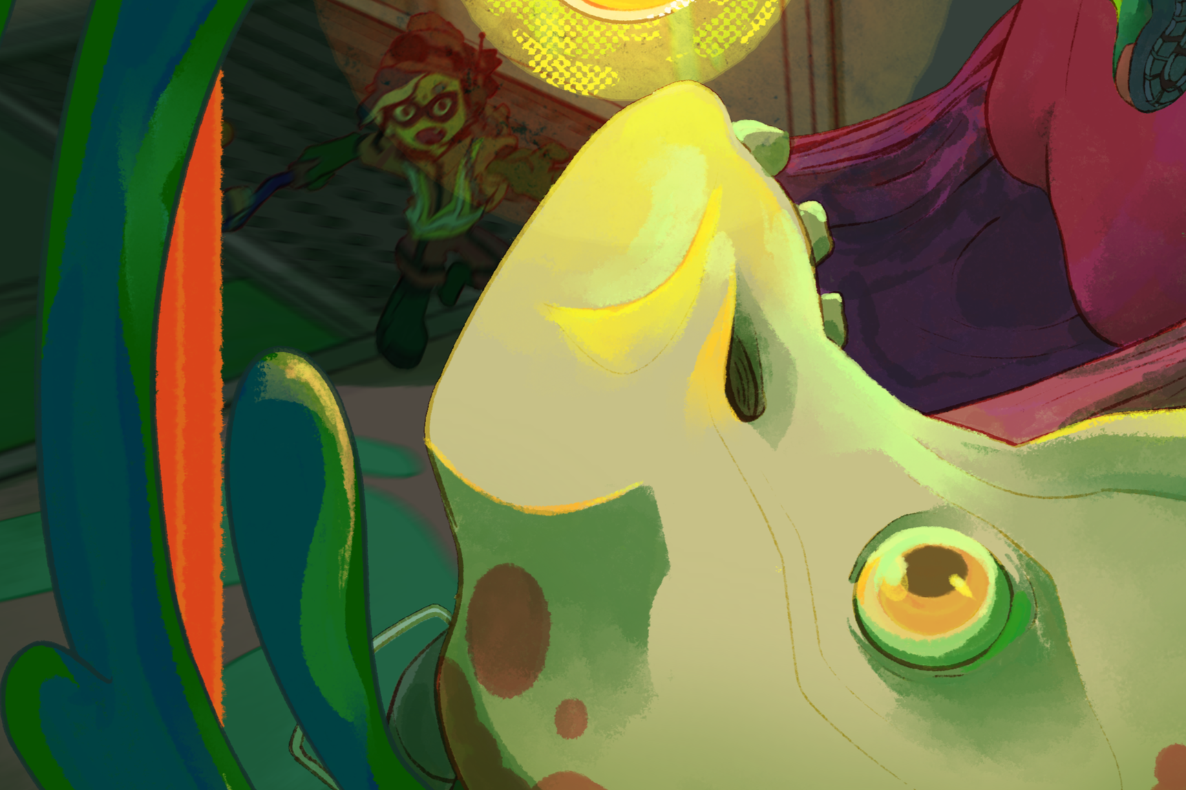 A green frog with large yellow eyes, sitting on a red surface, with a colorful toy rainbow and a person wearing purple shorts nearby, viewed through a glass window.
