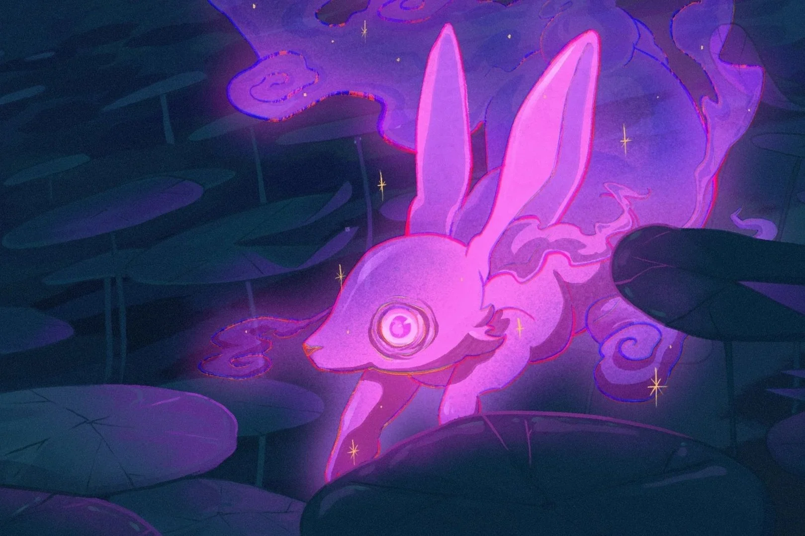 A glowing, neon pink and purple illustration of a creature that resembles a combination of a rabbit and a unicorn, with long ears and a spiral horn on its forehead, floating amid lily pads with a starry and swirling background.