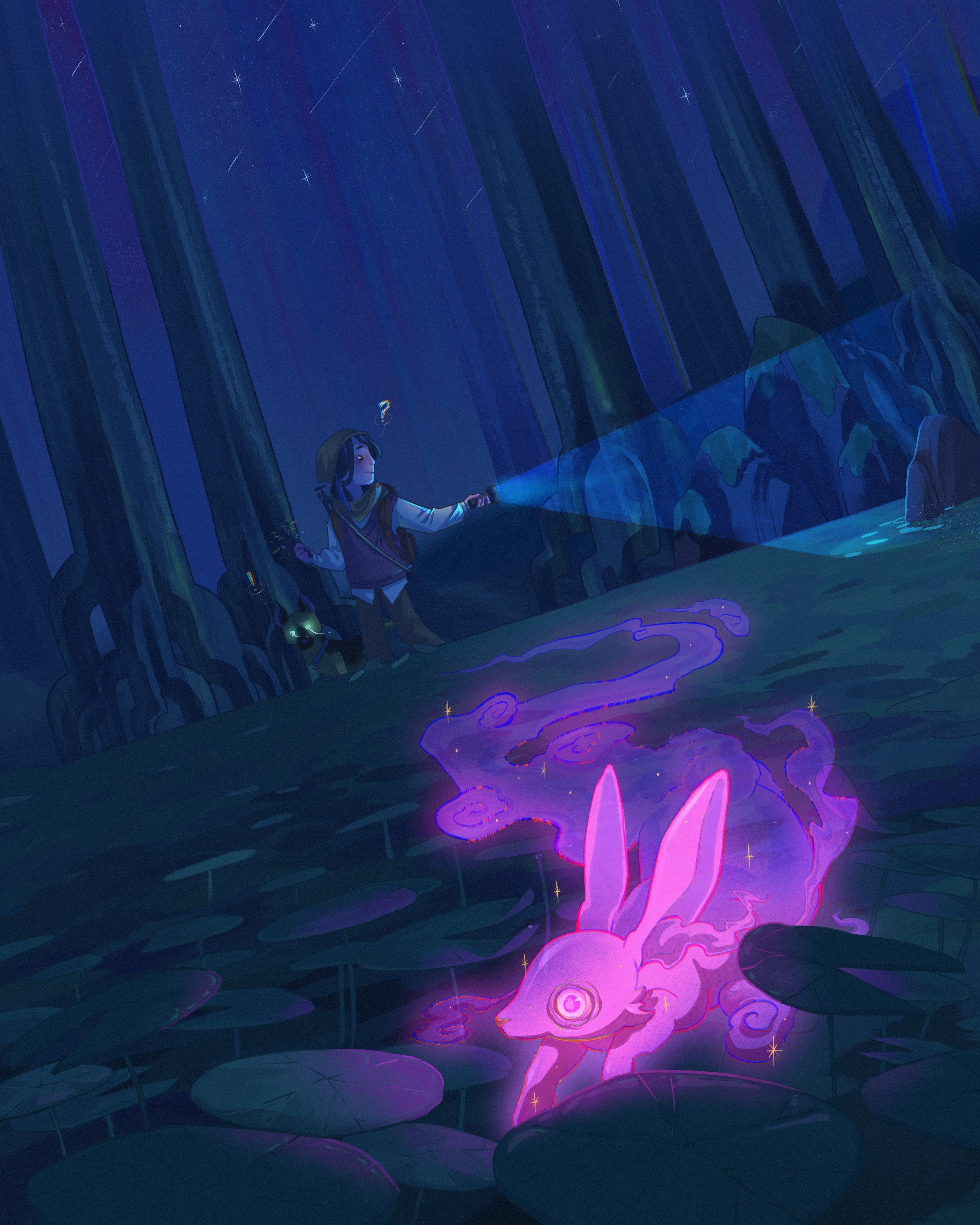 A person in a hoodie using a flashlight to explore a dark, mystical outdoor scene with glowing pink lotus flowers and an animated mystical creature on the water, under a starry night sky with falling stars.