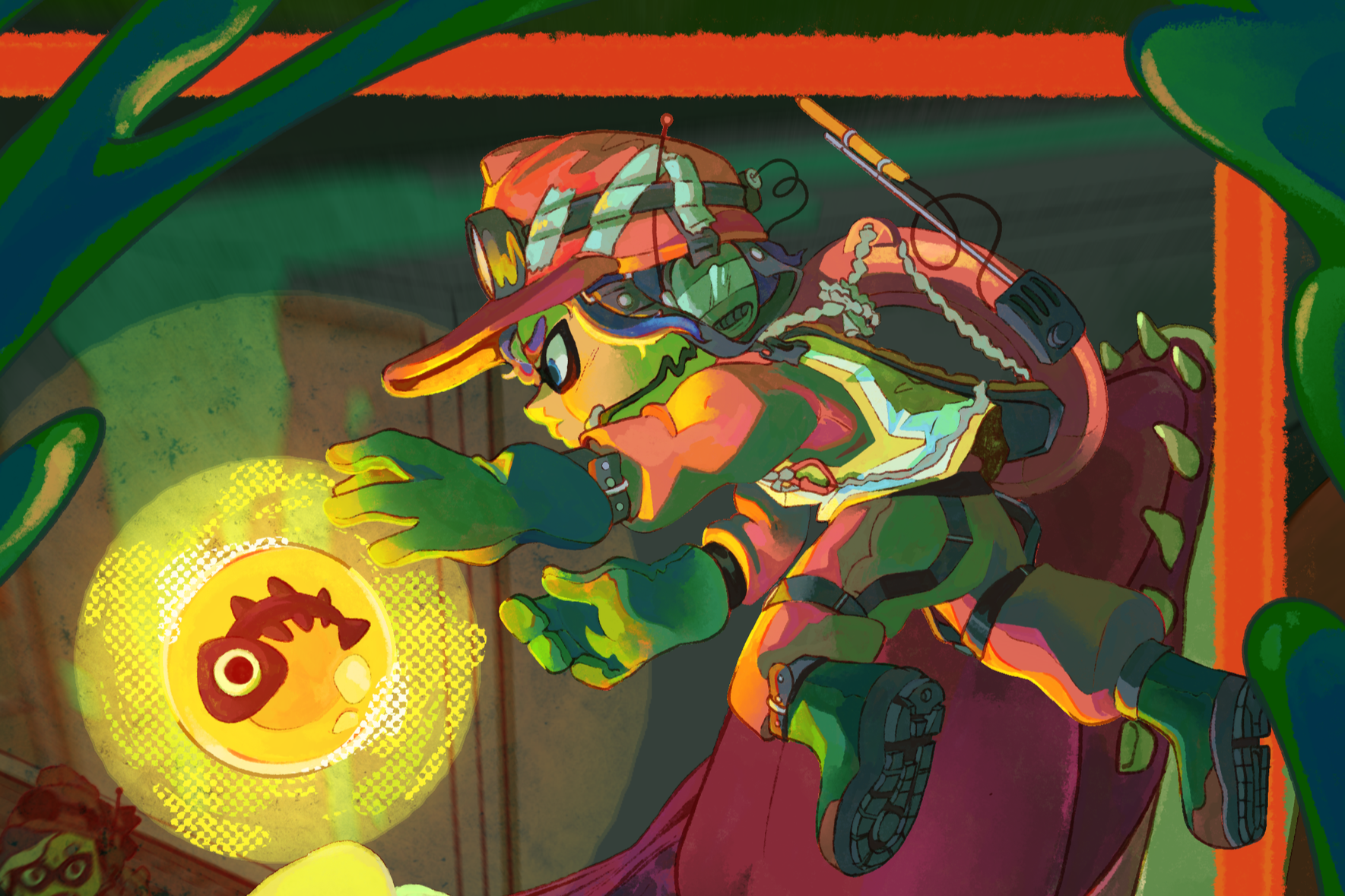Colorful digital illustration of a character with animal features and military gear, reaching towards a glowing yellow orb with a black and red logo. The background has abstract green, orange, and red elements.