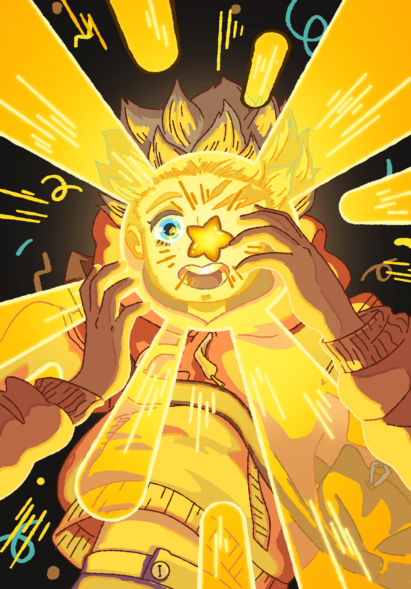 A colorful digital illustration of a young person with spiky hair, one eye closed, making a peace sign near their face, surrounded by bright yellow light rays and musical notes against a dark background.
