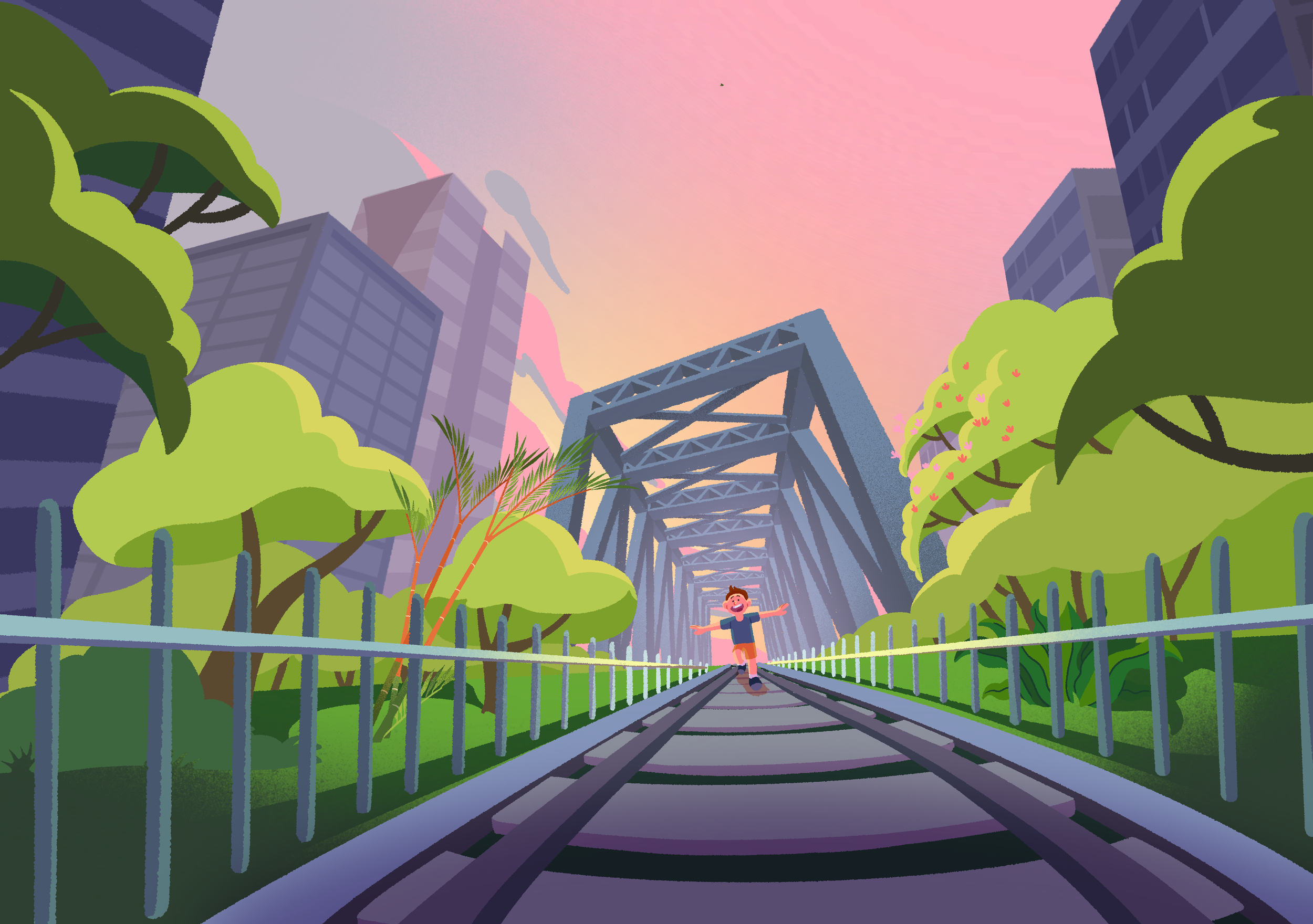 Animated illustration of a boy running on train tracks surrounded by trees and city buildings, with a sunset sky and a bridge overhead.