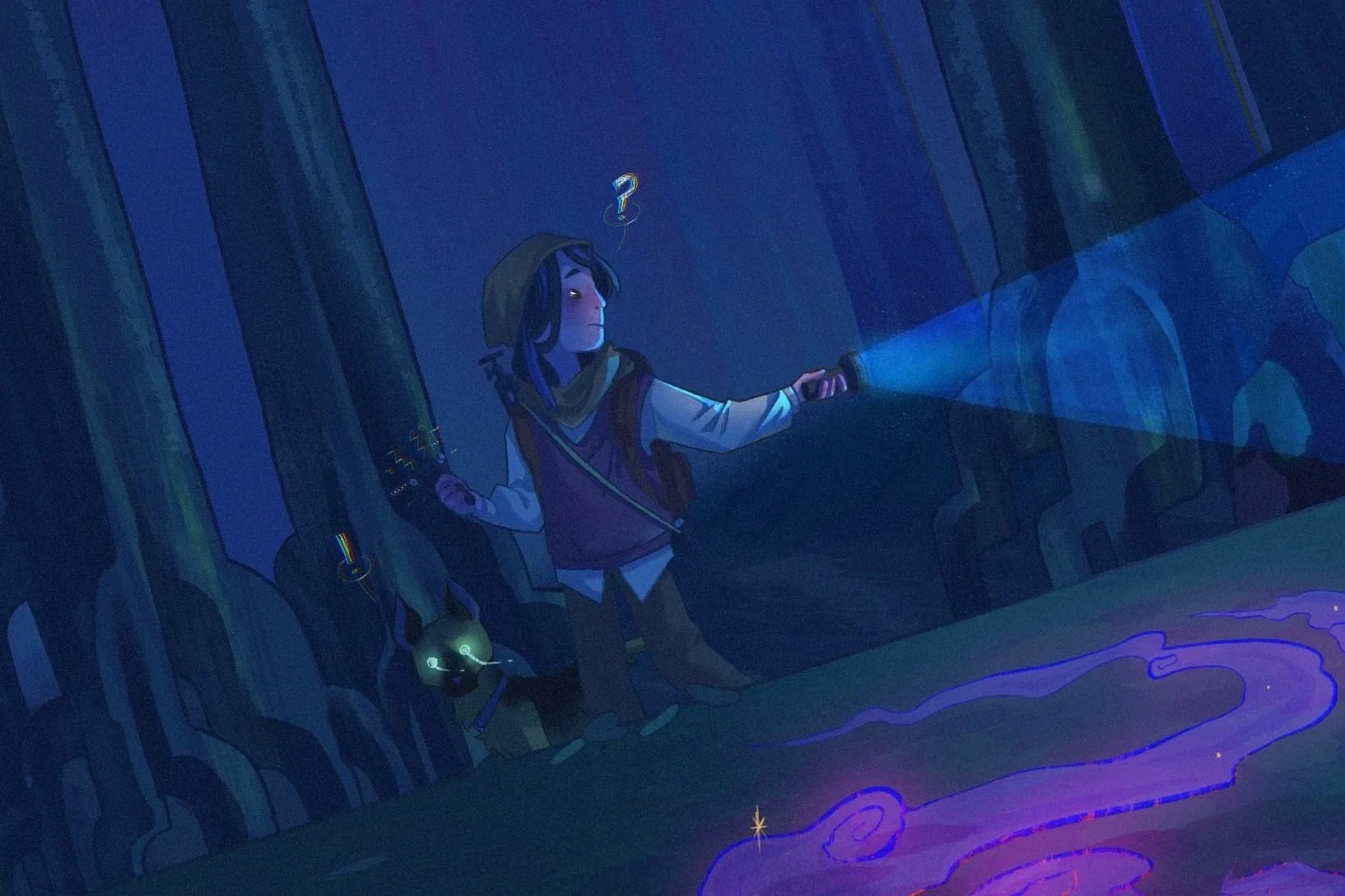 Digital illustration of a young explorer with a headlamp, a backpack, and a mysterious black cat with glowing green eyes, walking through a dark forest and shining a flashlight on ancient symbols on a wall.