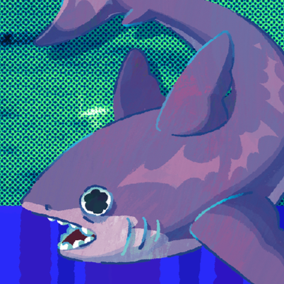 Cartoon illustration of a purple shark with large eyes and an open mouth showing sharp teeth, swimming in blue water.