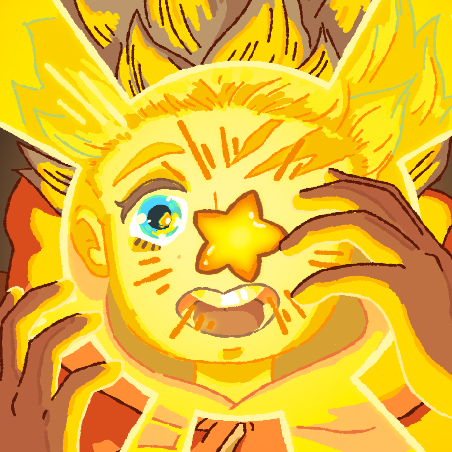 A colorful digital drawing of a person with bright yellow hair, wearing a star-shaped face mask, holding a star-shaped object near one eye, with a bright blue eye visible. The person appears to be winking and has an artistic, cartoonish style.