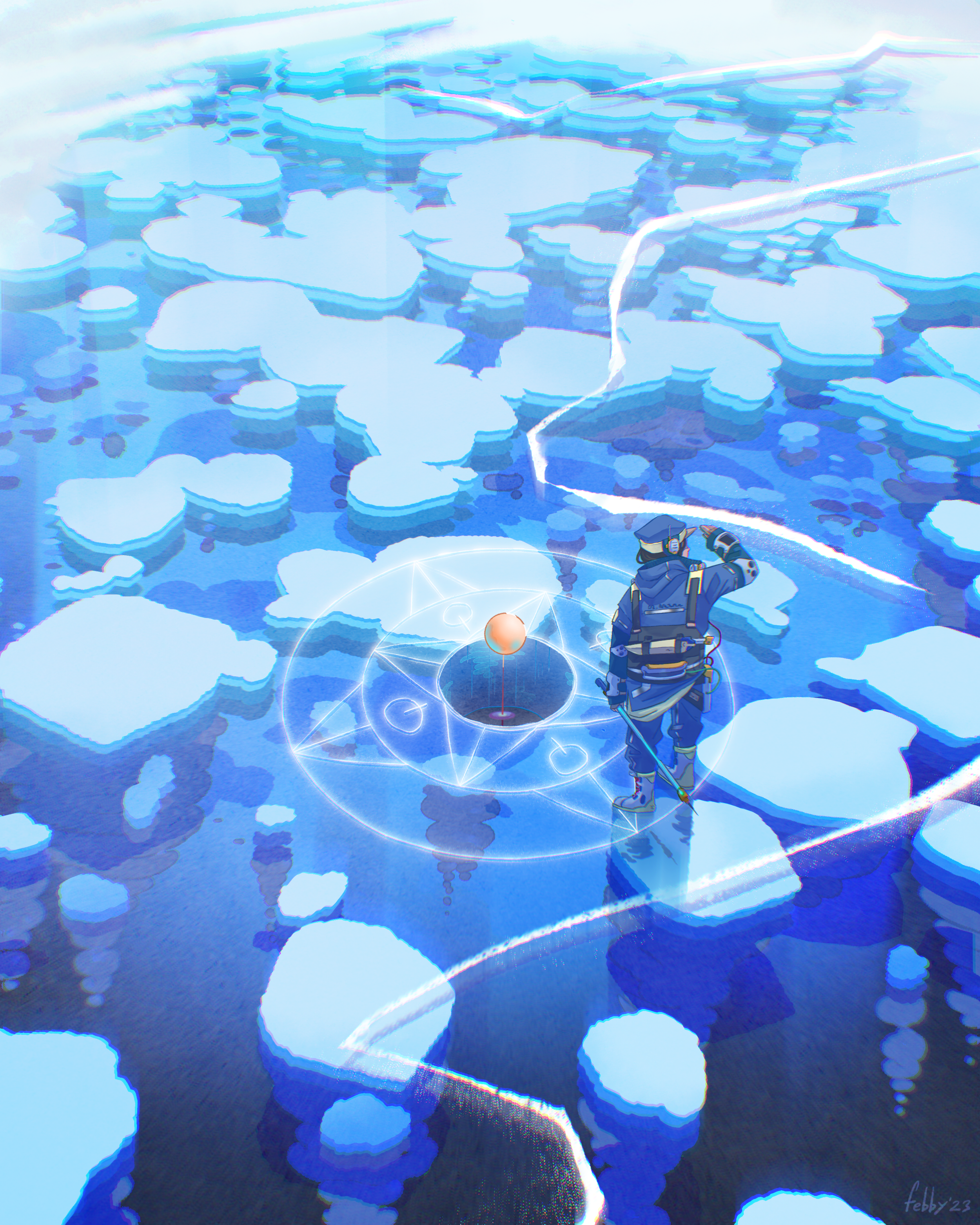 A person wearing outdoor clothing and a hat standing on a frozen icy landscape with large ice chunks and cracks in the ice, looking at the icy surface.