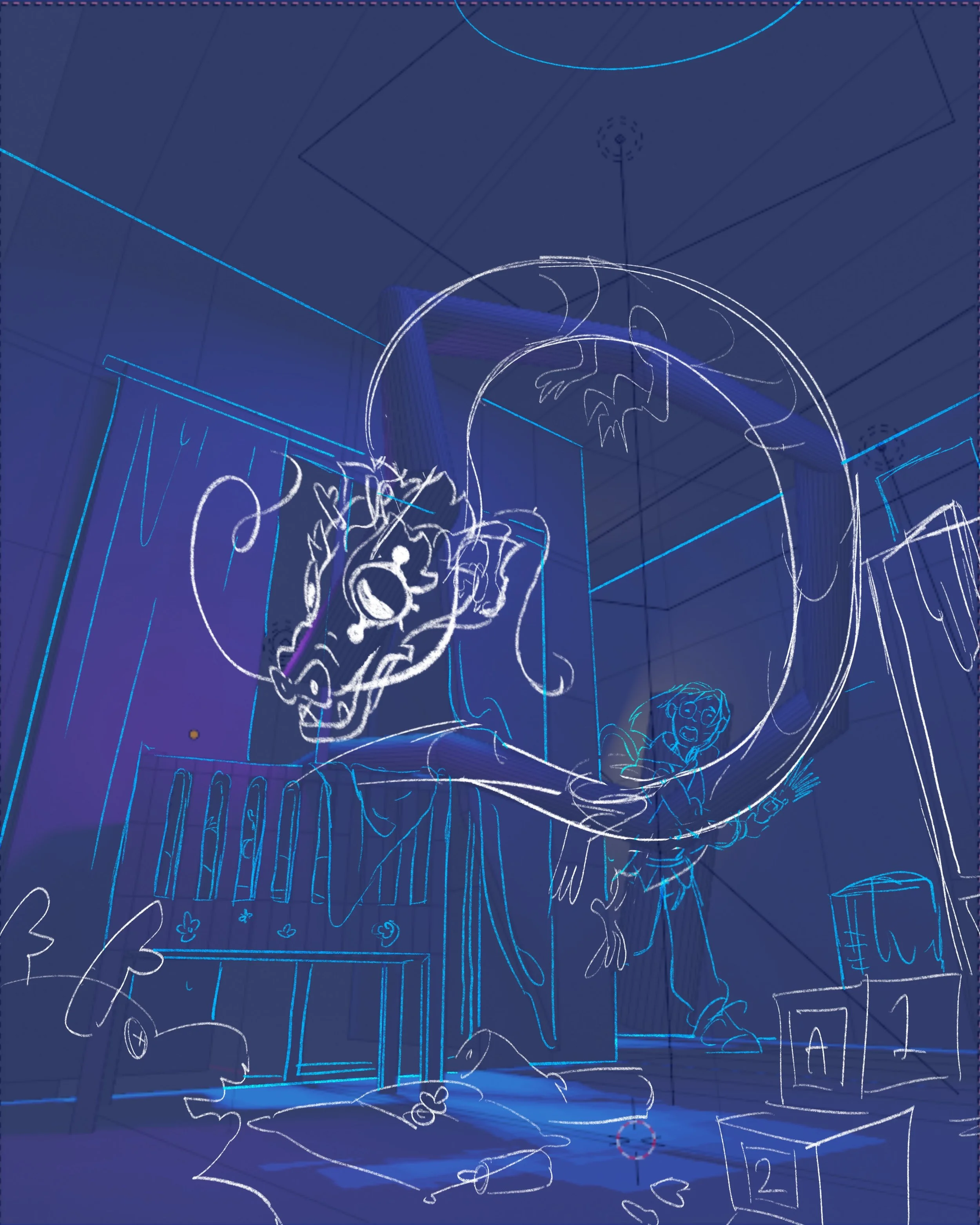 Blueprint-style drawing of a room with various inanimate objects and a person sitting at a table, viewed from an overhead perspective.
