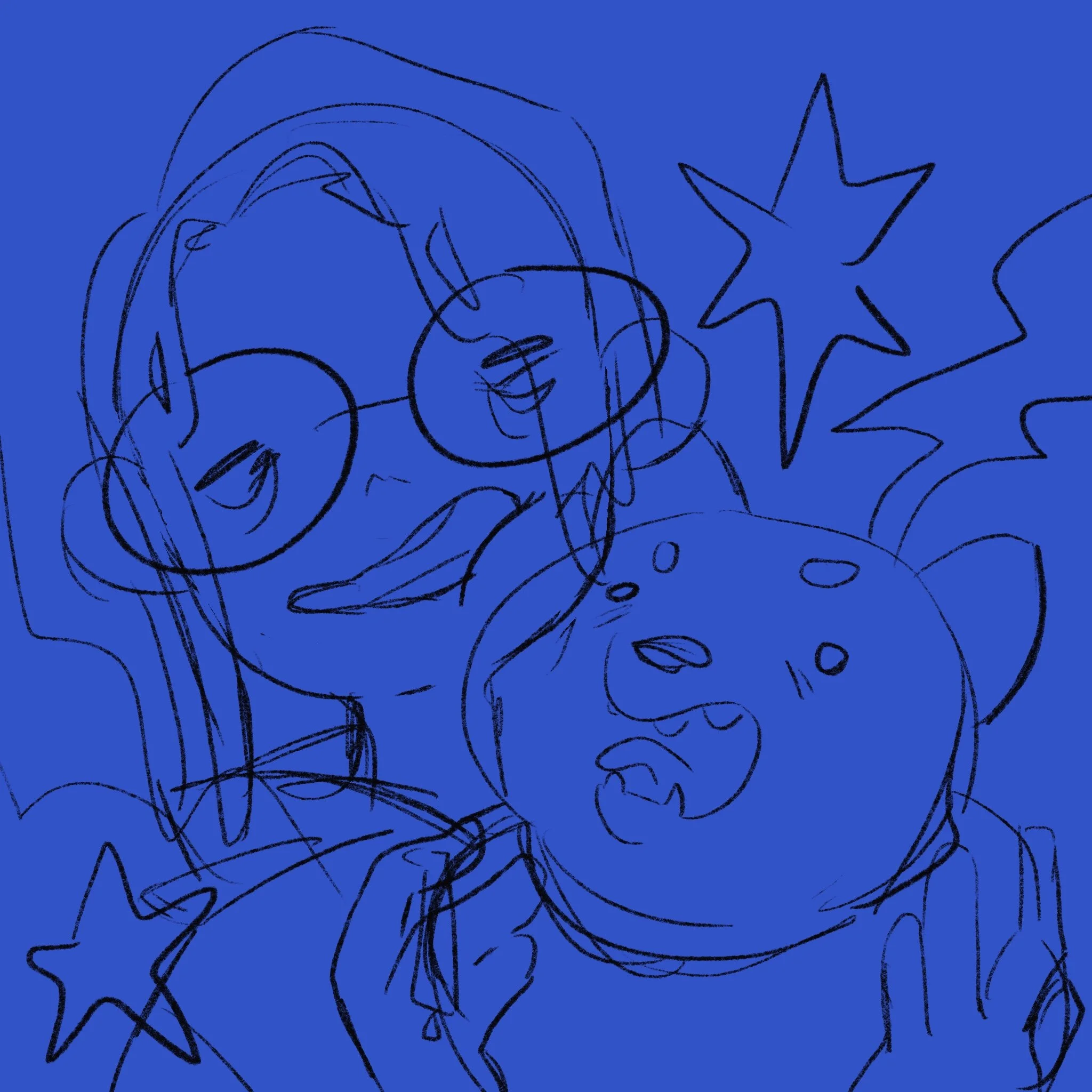 A blue background with a black abstract line drawing of a girl with long hair, possibly a fairy or princess, with stars around her.