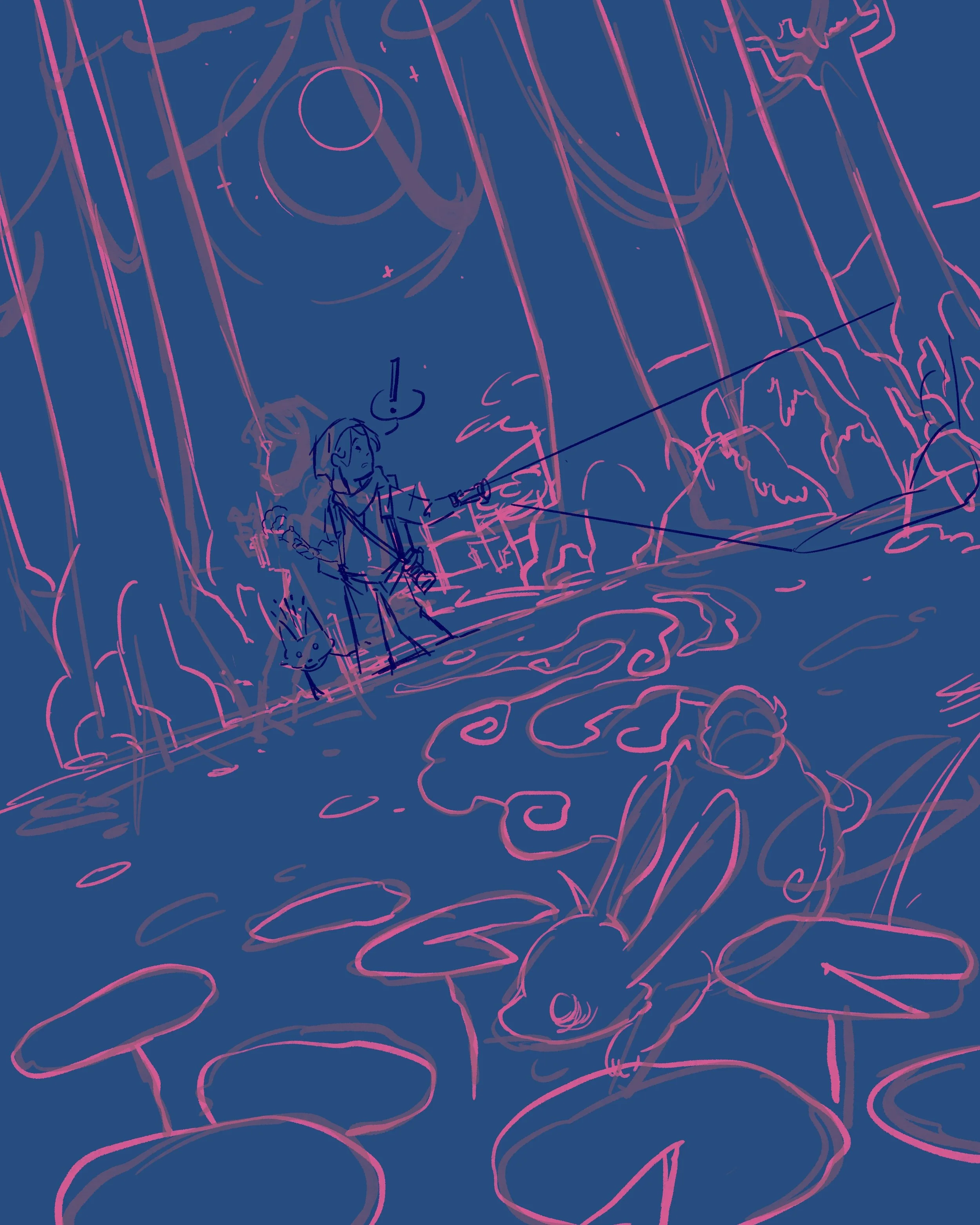 A digital drawing of a person with shoulder-length hair, holding a bucket with water, in an environment with vertical pink lines and irregular swirling shapes, suggesting an abstract or stylized scene.