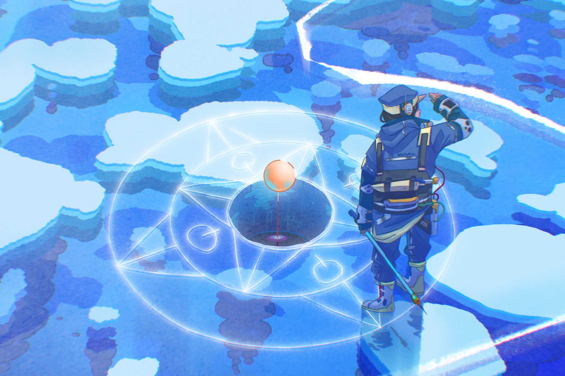 A person dressed in winter gear, including a jacket, hat, and boots, is standing on an icy surface, holding a tool, and observing a glowing, circular, geometric design with symbols and a glowing sphere in the center.