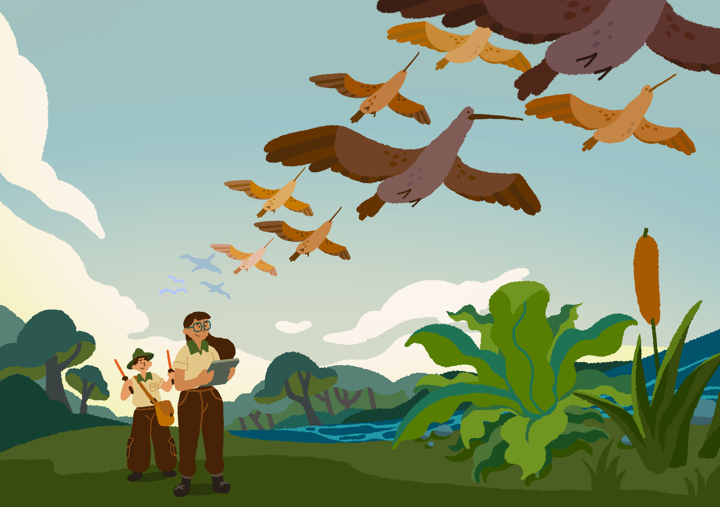 Illustration of a flying flock of colorful birds in the sky above a lush green landscape with two people, a woman and a boy, observing the scene. The woman is holding a tablet, and both are dressed in outdoor adventure clothing, with trees and a rive
